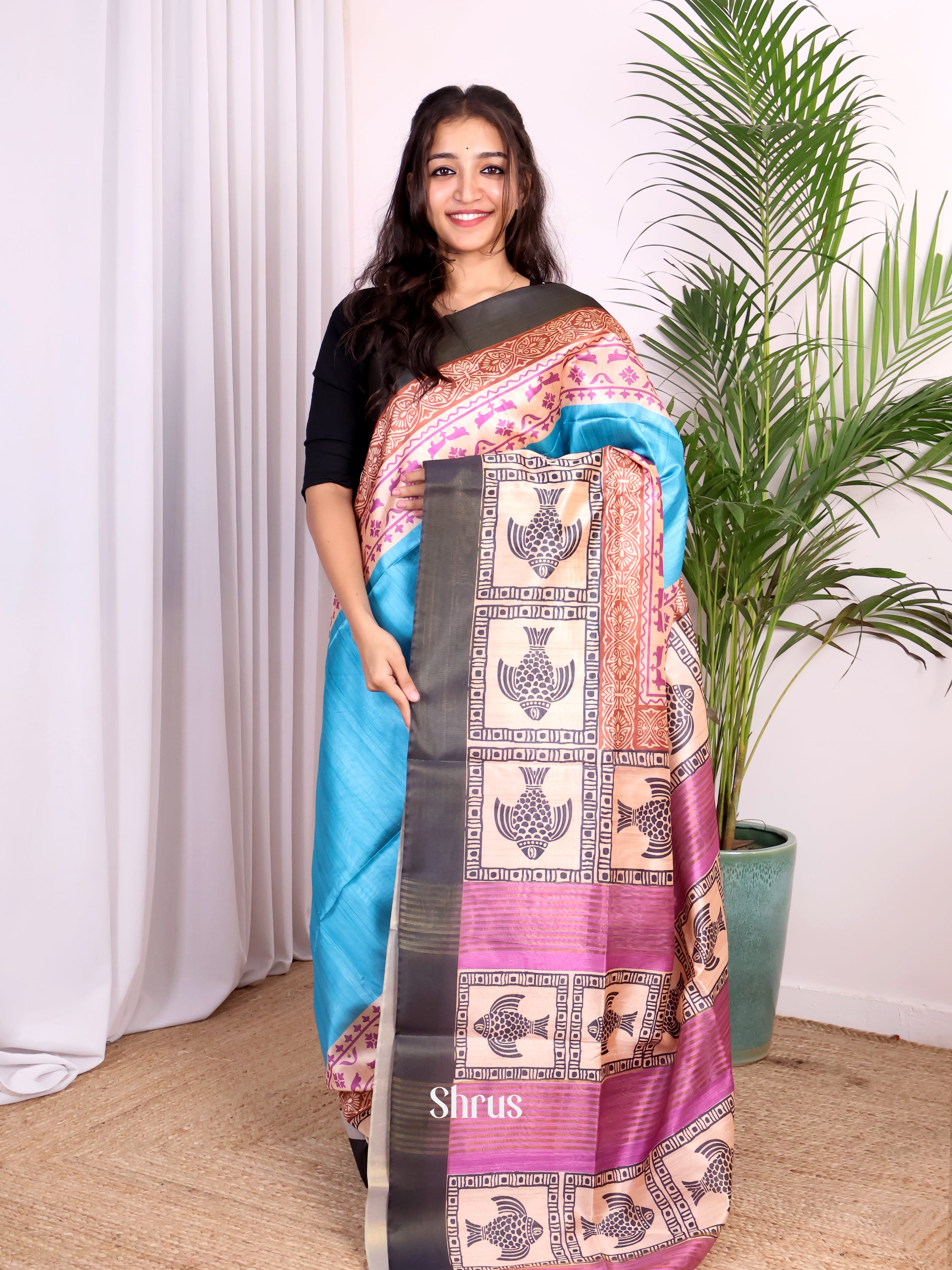 Blue & Purple - Champa semitussar Saree - Shop on Shrus.com