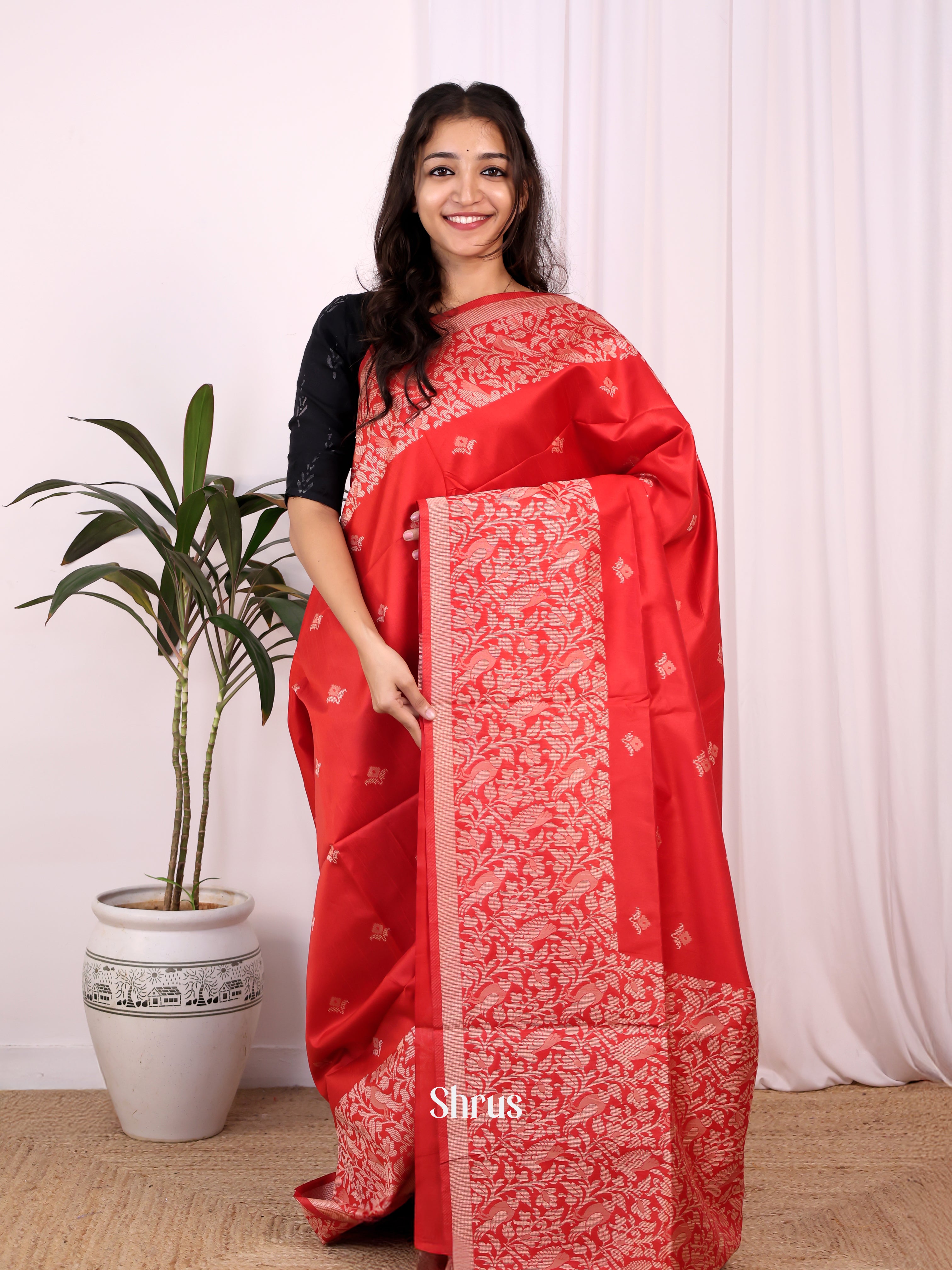 Red - Champa semitussar Saree - Shop on Shrus.com