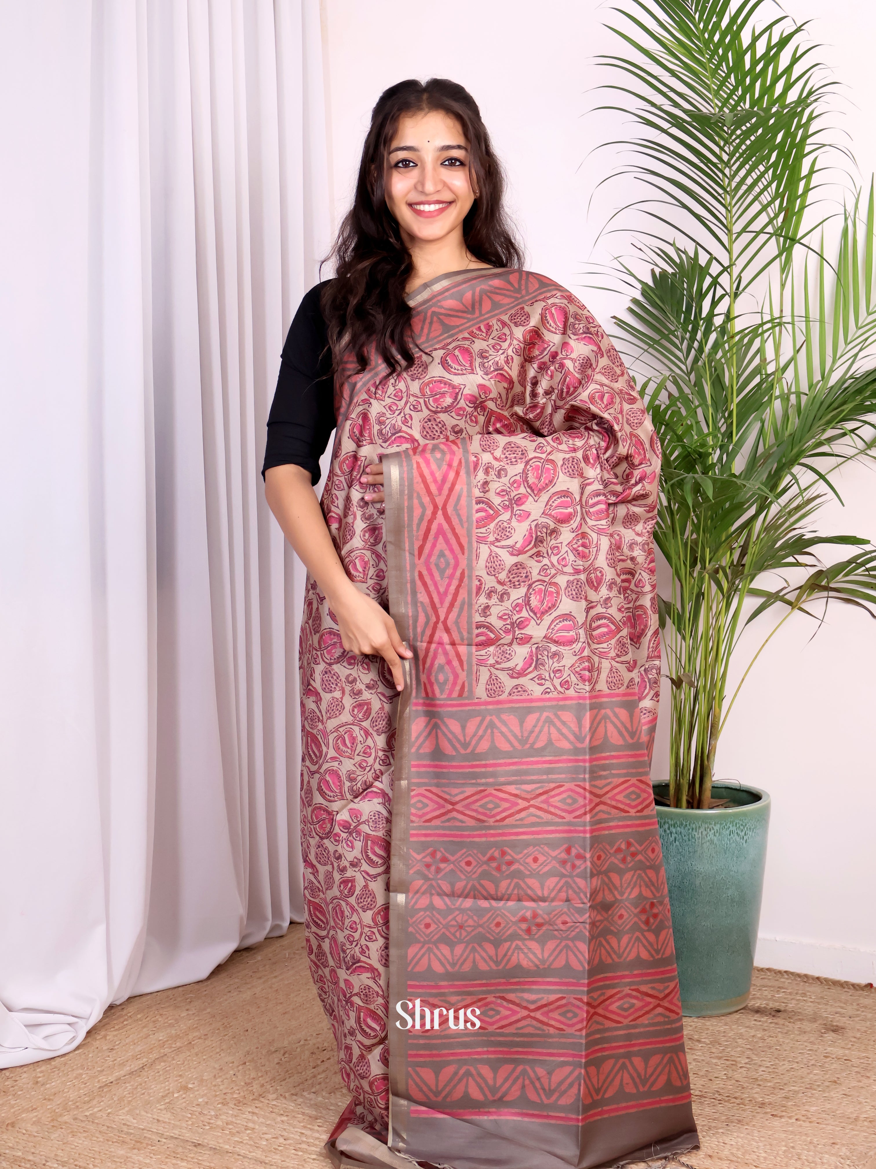 Grey & Pink - Champa semitussar Saree - Shop on Shrus.com