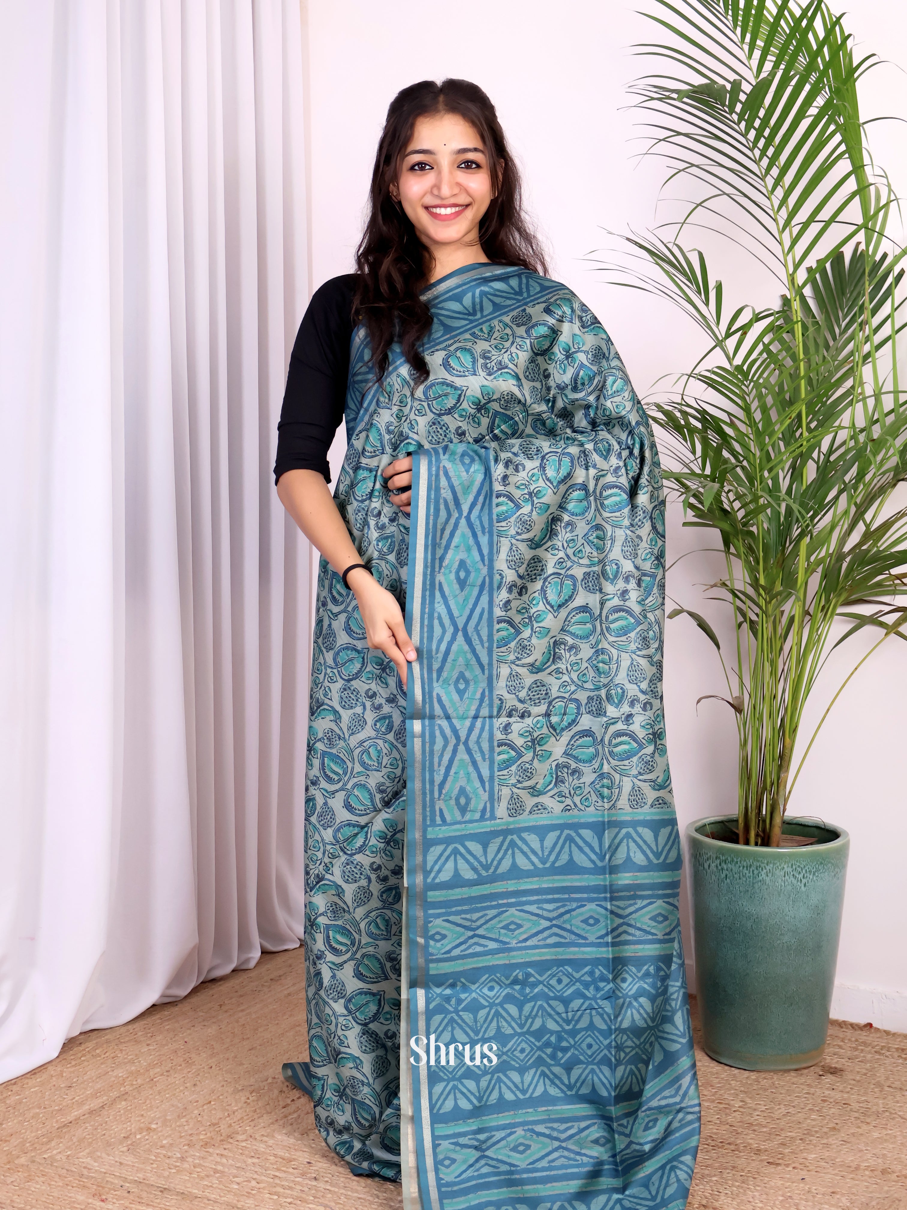 Grey & Blue - Champa semitussar Saree - Shop on Shrus.com