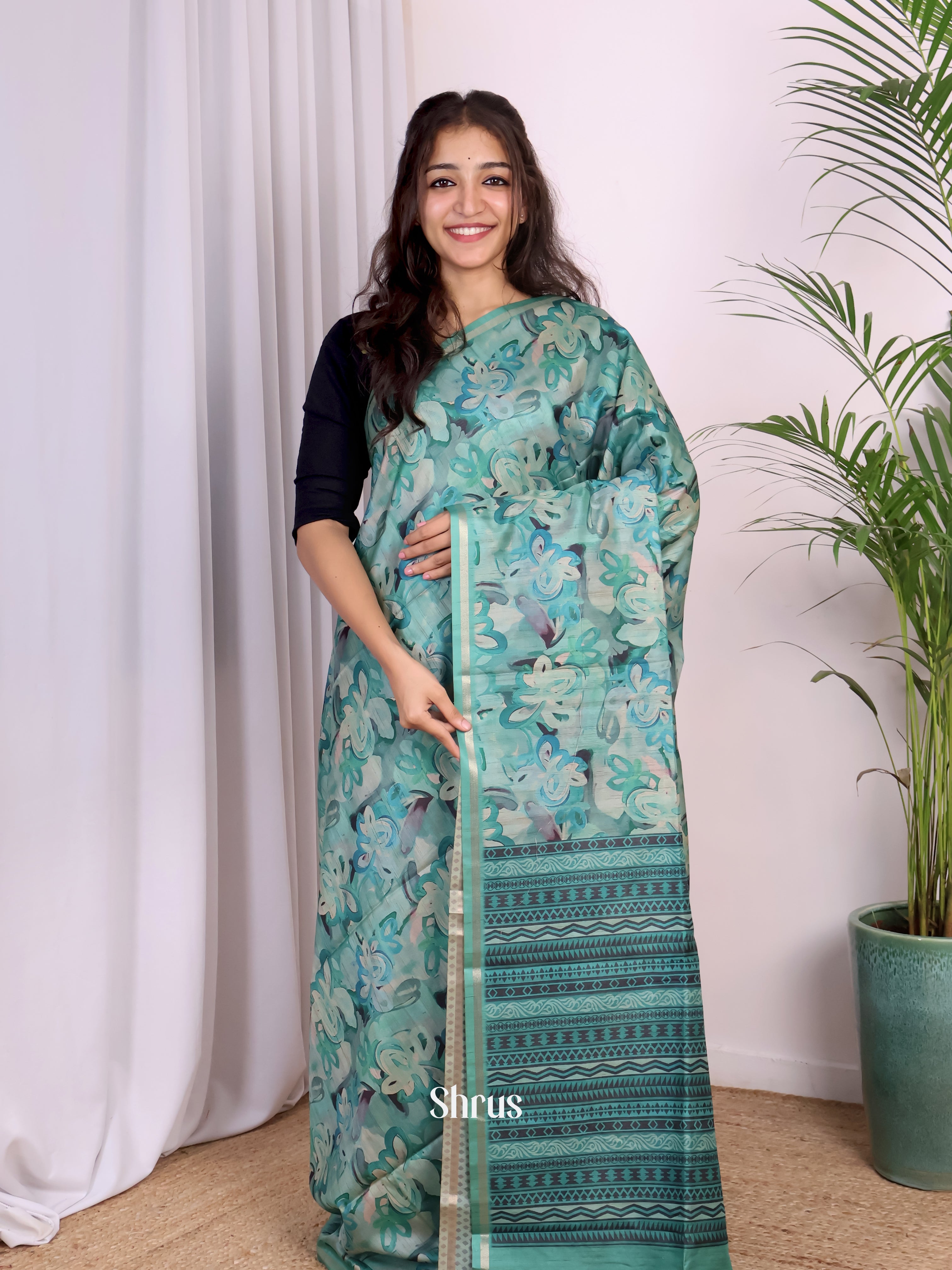 Greenish Blue - Champa semitussar Saree - Shop on Shrus.com