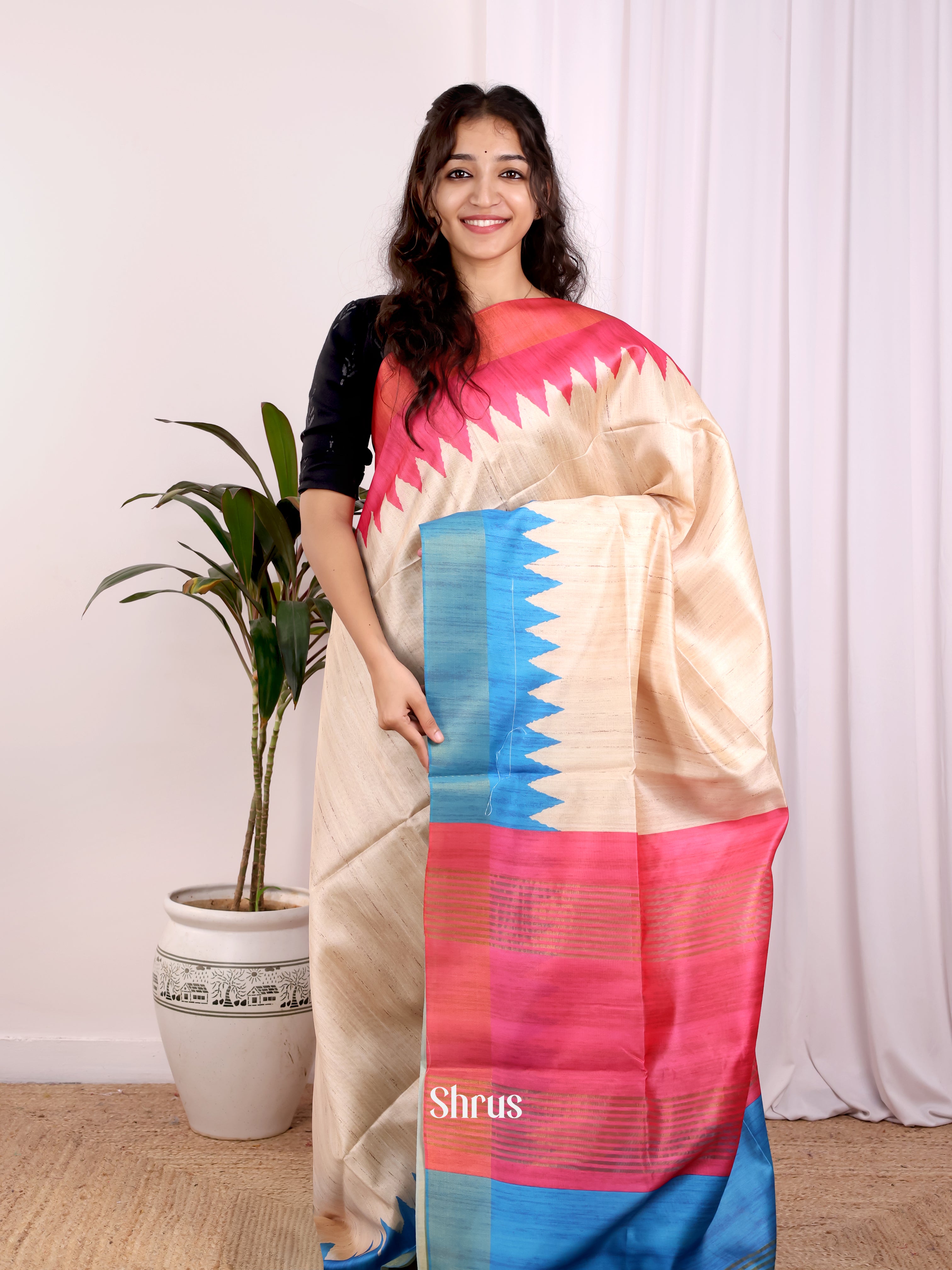 Cream & Blue- Champa semitussar Saree - Shop on Shrus.com