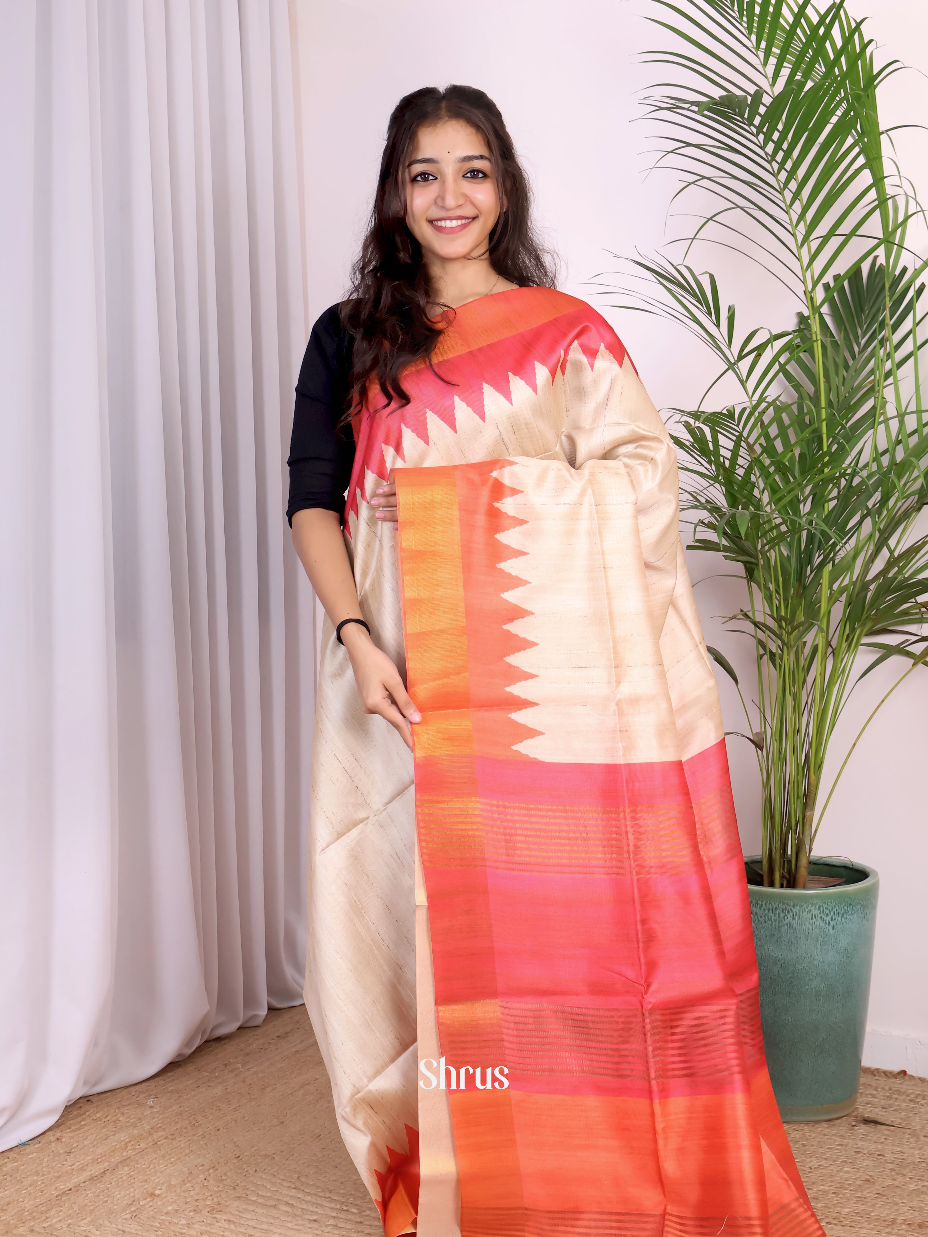 Cream & Orange- Champa semitussar Saree - Shop on Shrus.com