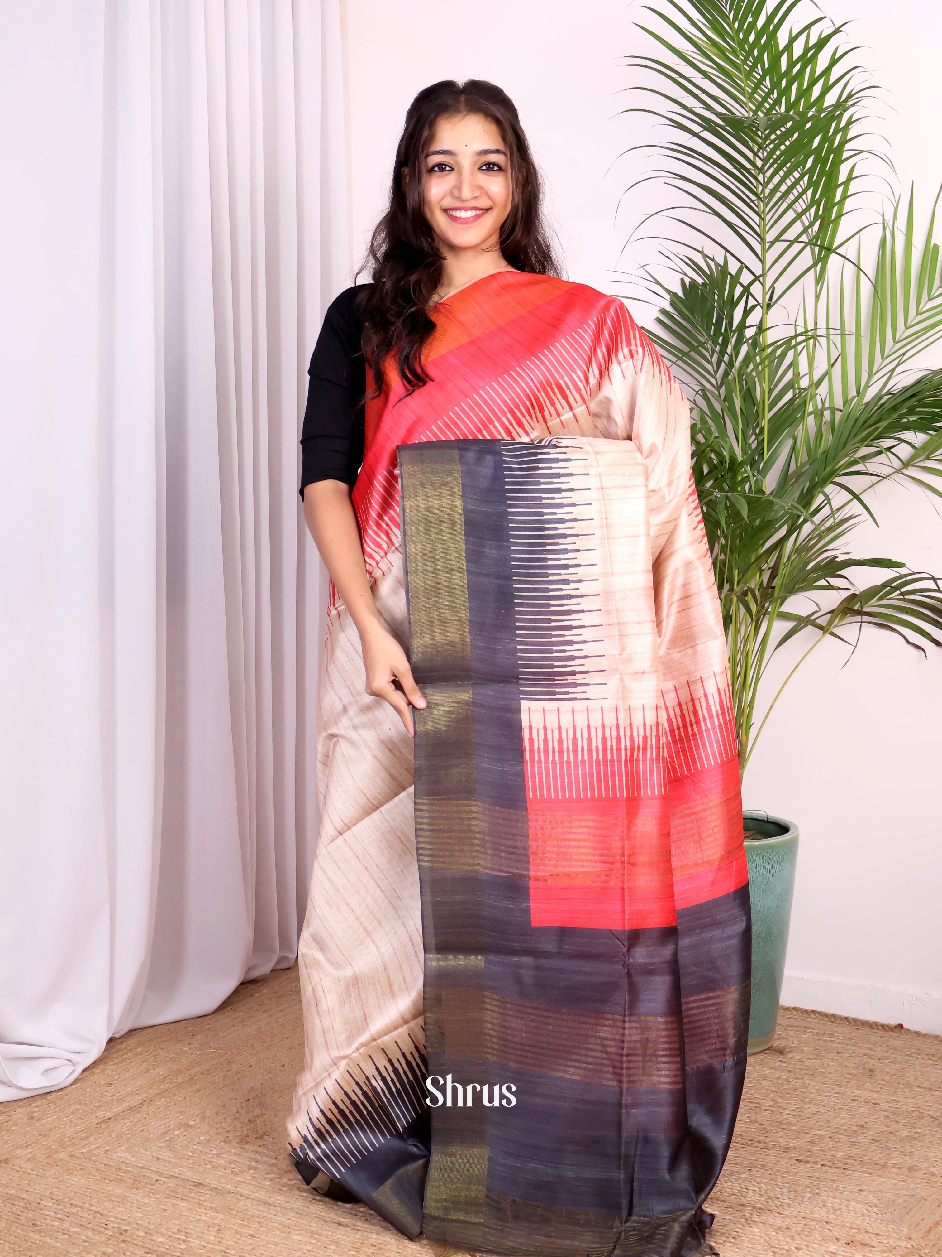 Cream & Red - Champa semitussar Saree - Shop on Shrus.com