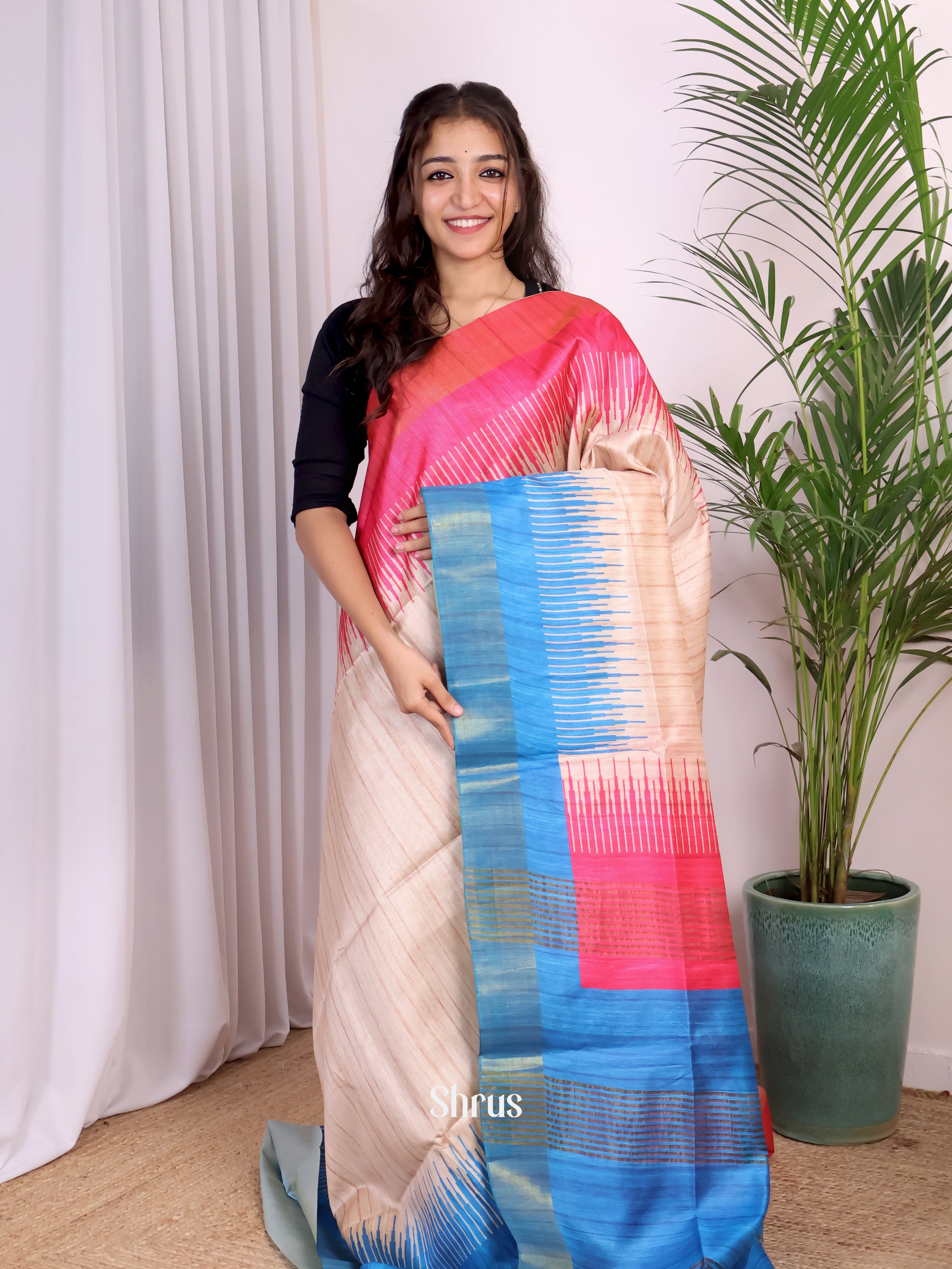Cream & Blue - Champa semitussar Saree - Shop on Shrus.com