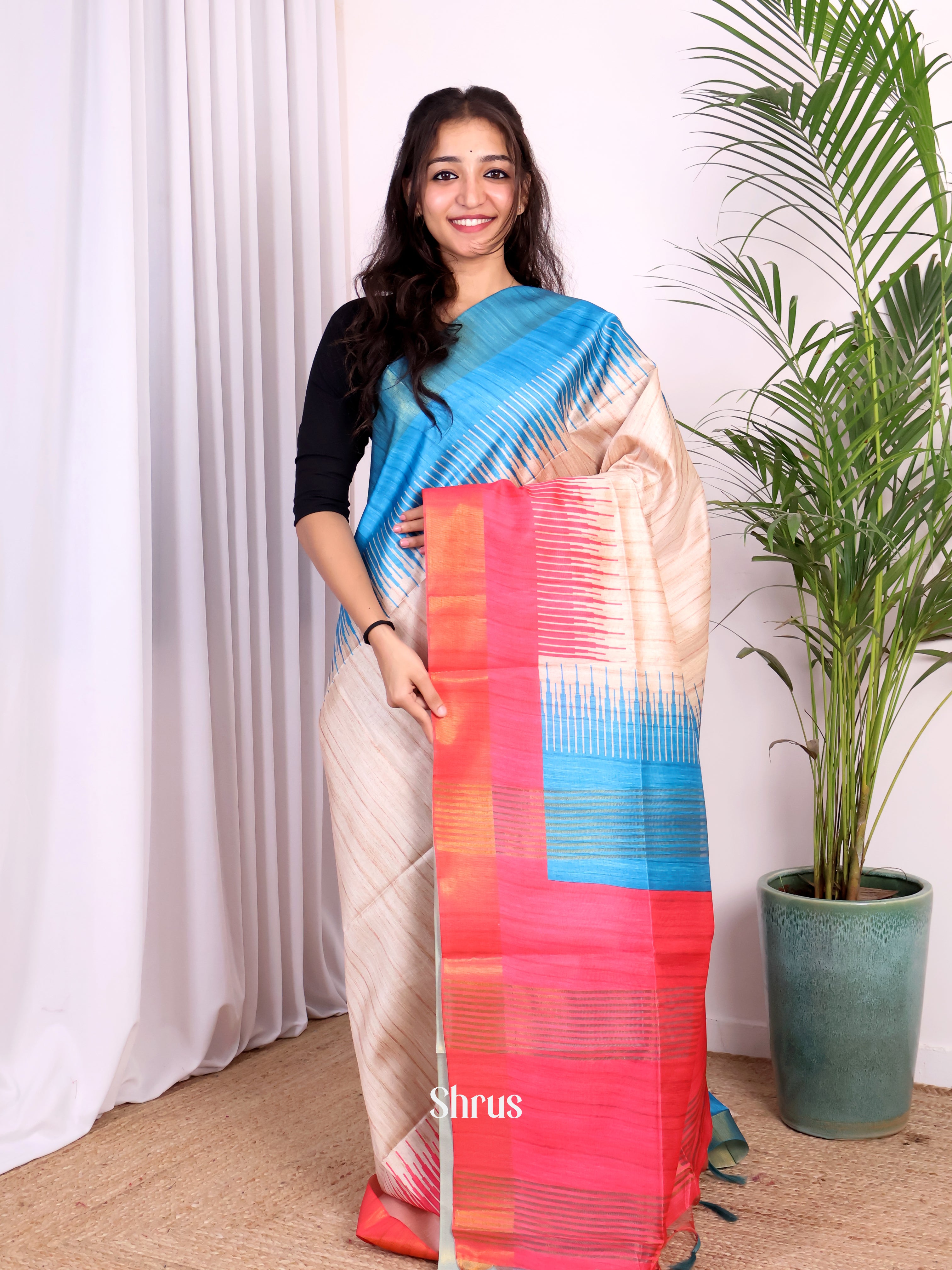 Cream & Blue - Champa semitussar Saree - Shop on Shrus.com