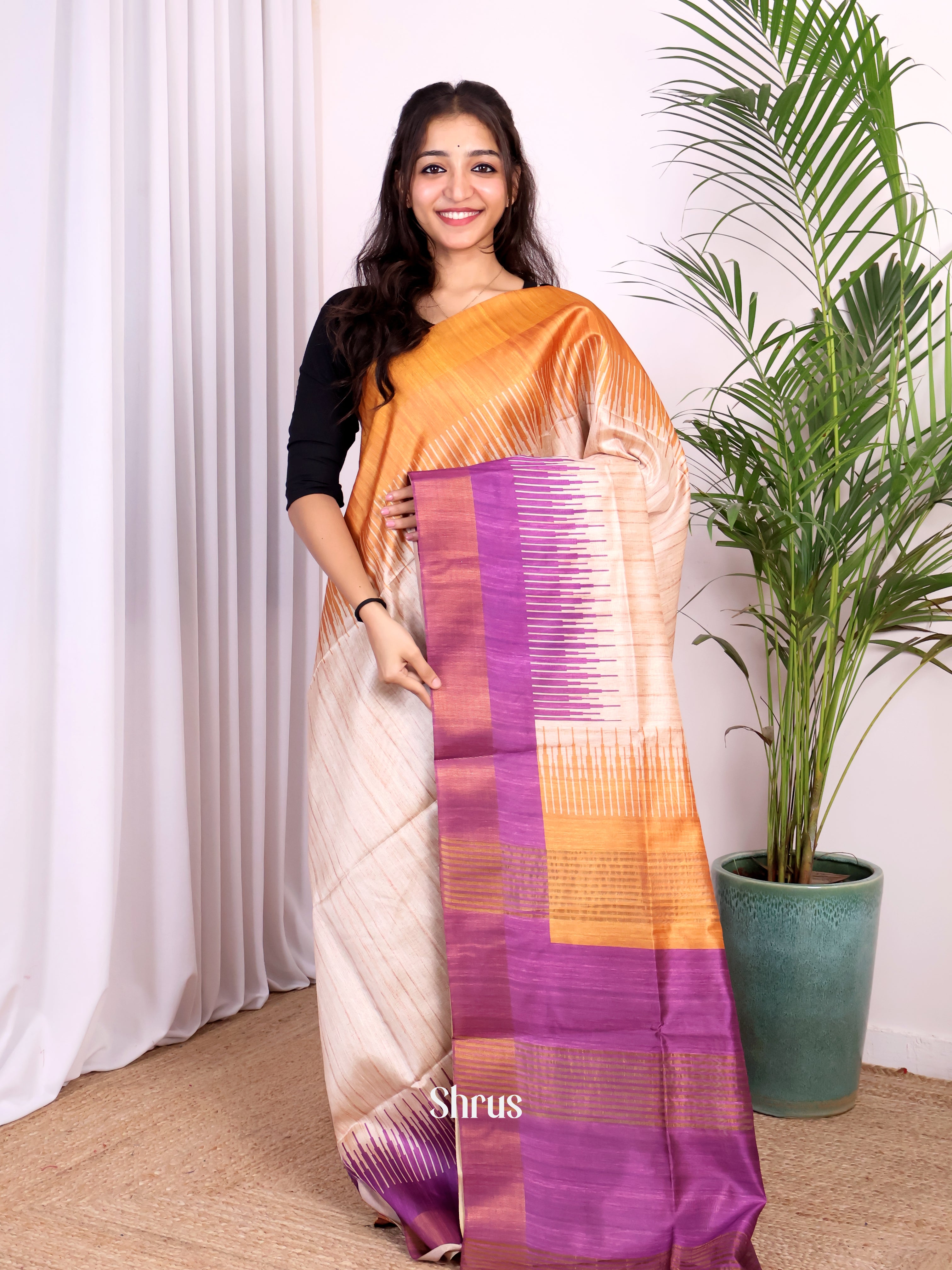 Cream & Purple - Champa semitussar Saree - Shop on Shrus.com