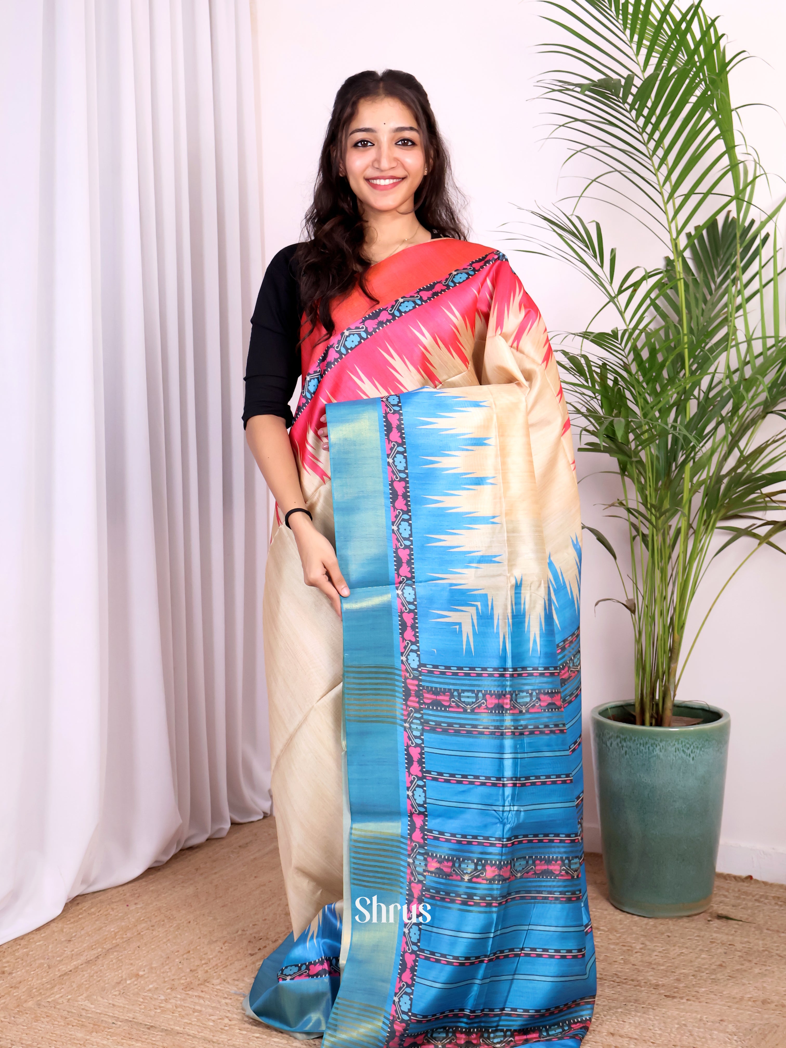 Cream & Blue - Champa semitussar Saree - Shop on Shrus.com