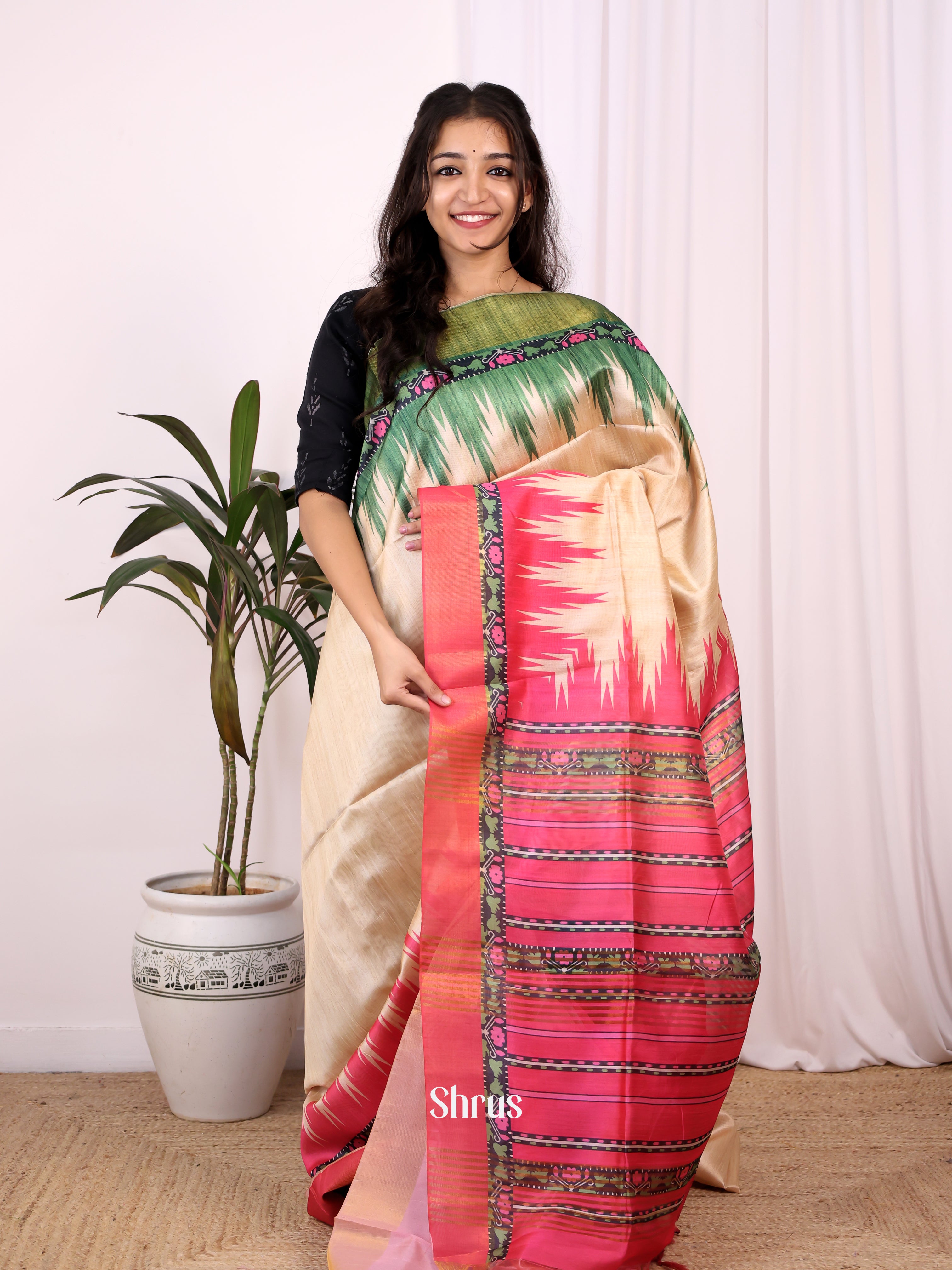 Cream & Green- Champa semitussar Saree - Shop on Shrus.com