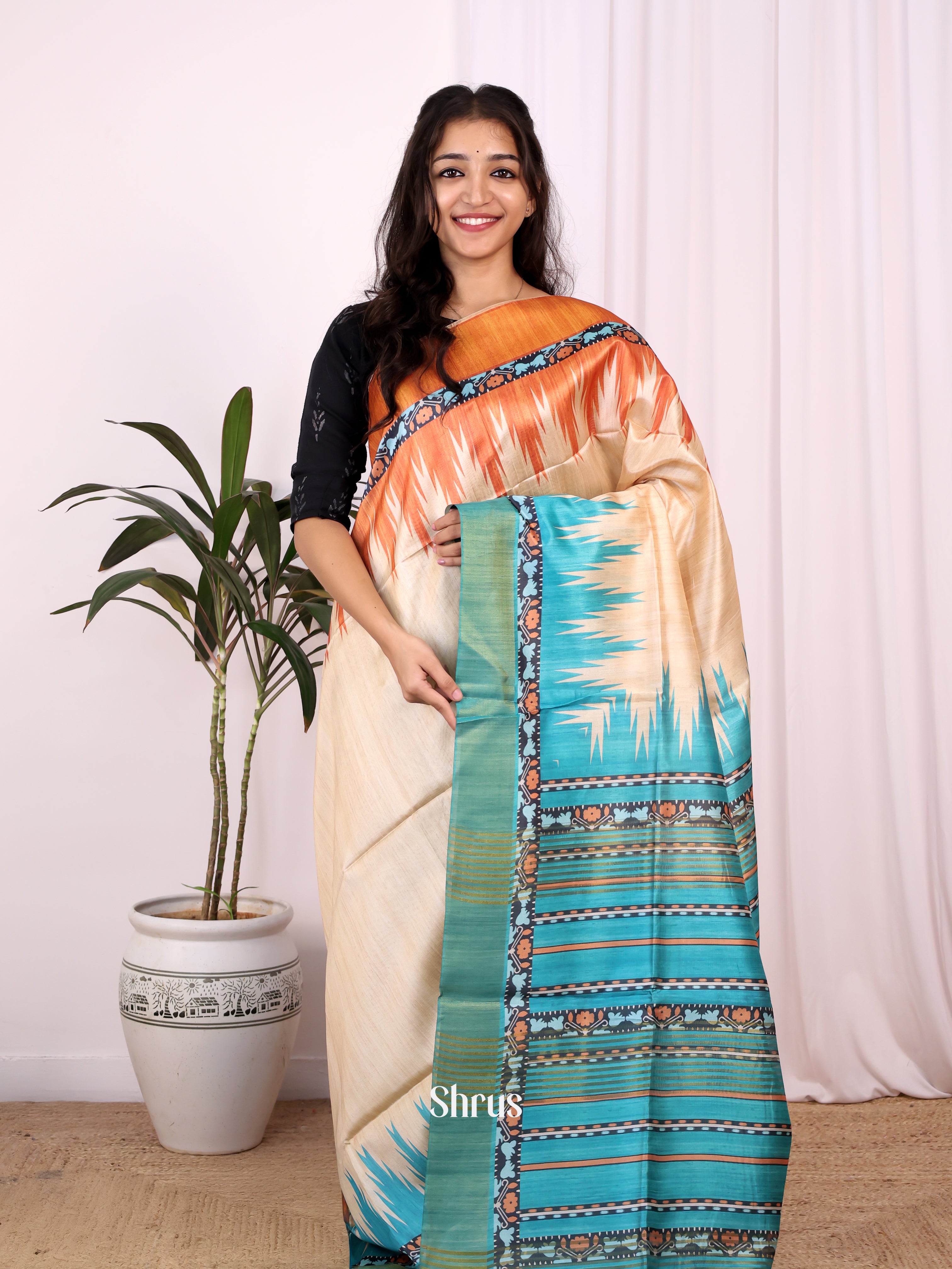 Cream & Blue - Champa semitussar Saree - Shop on Shrus.com