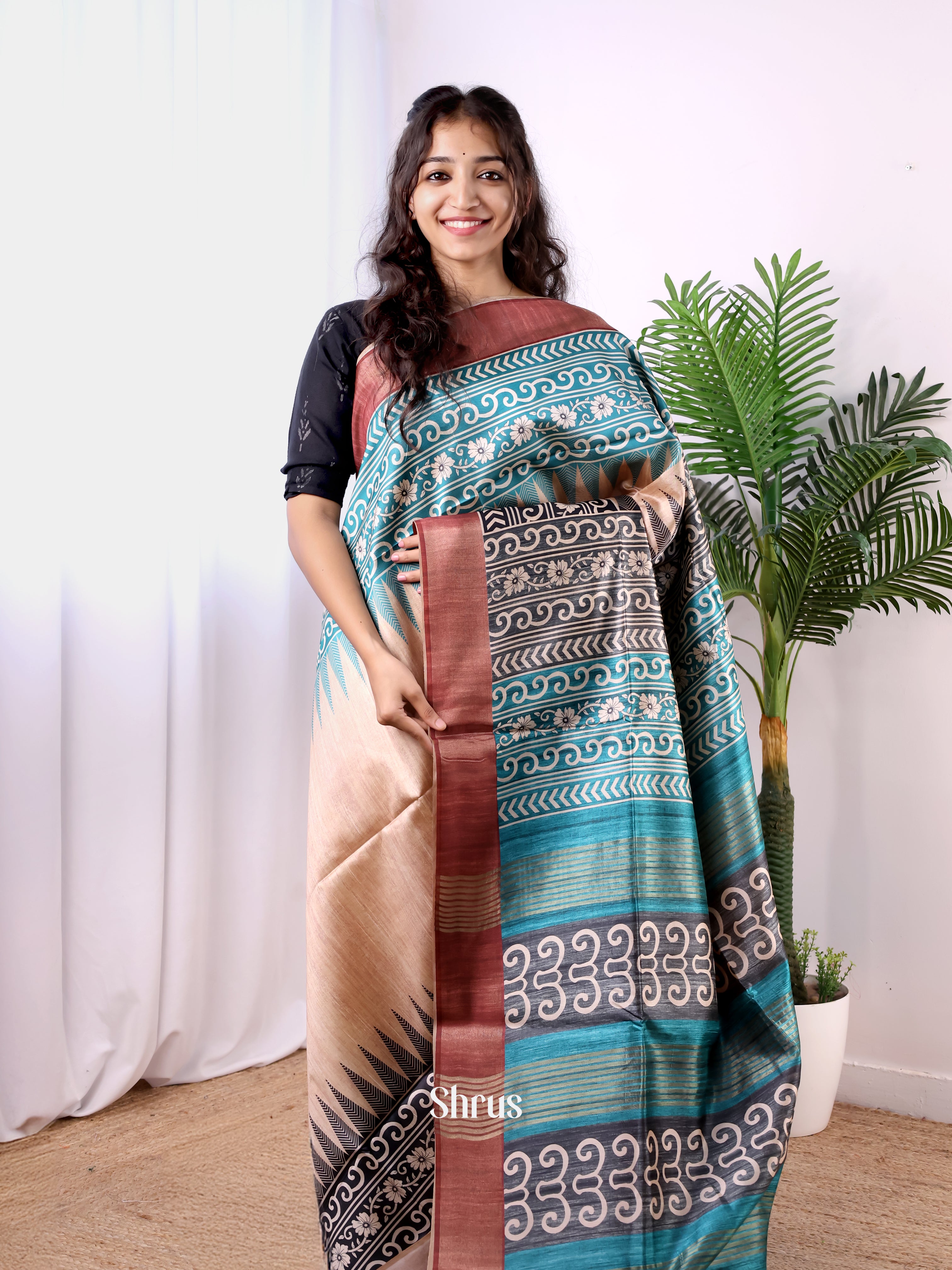 Cream & Brown- Champa semitussar Saree - Shop on Shrus.com
