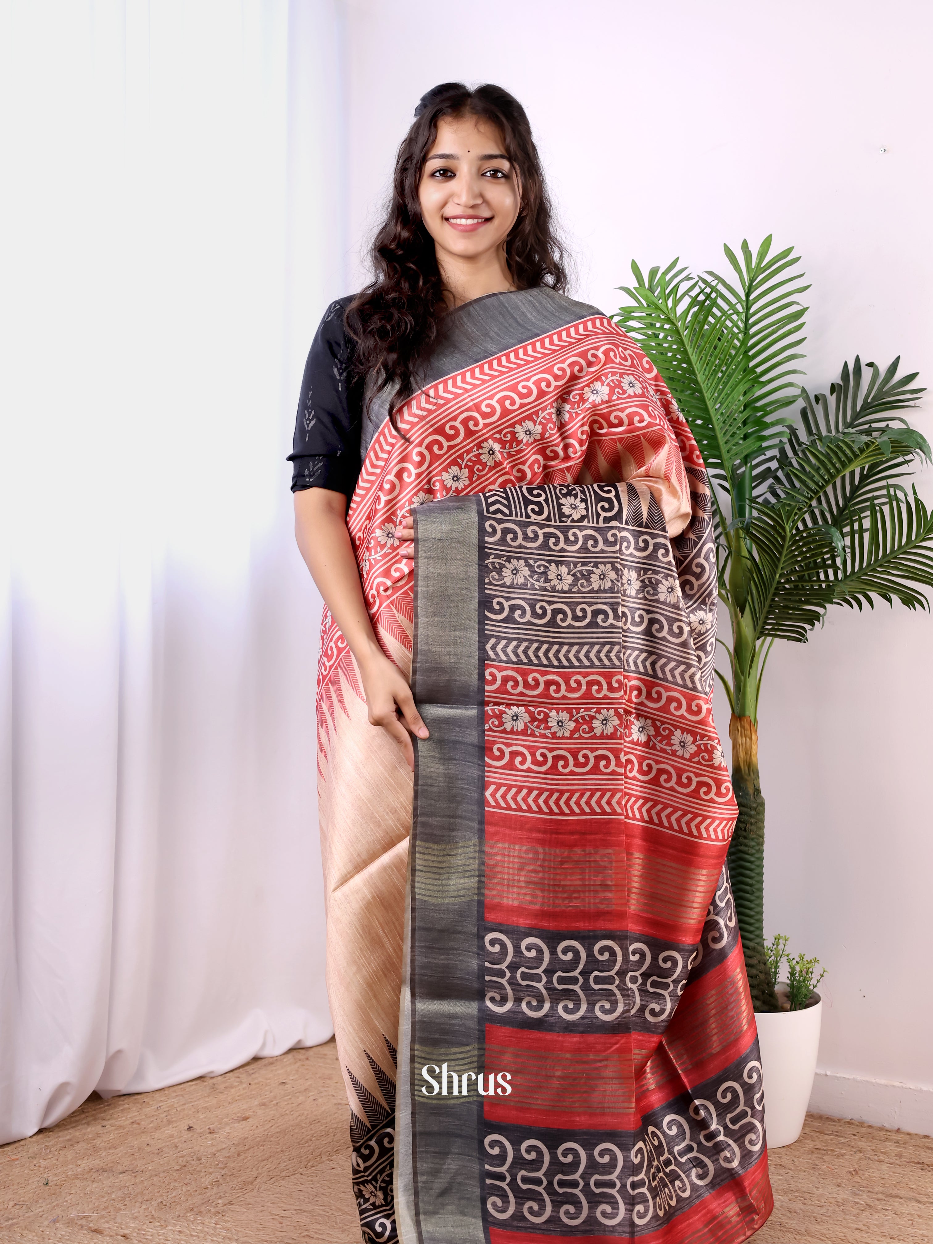 Beige & Black - Champa semitussar Saree - Shop on Shrus.com