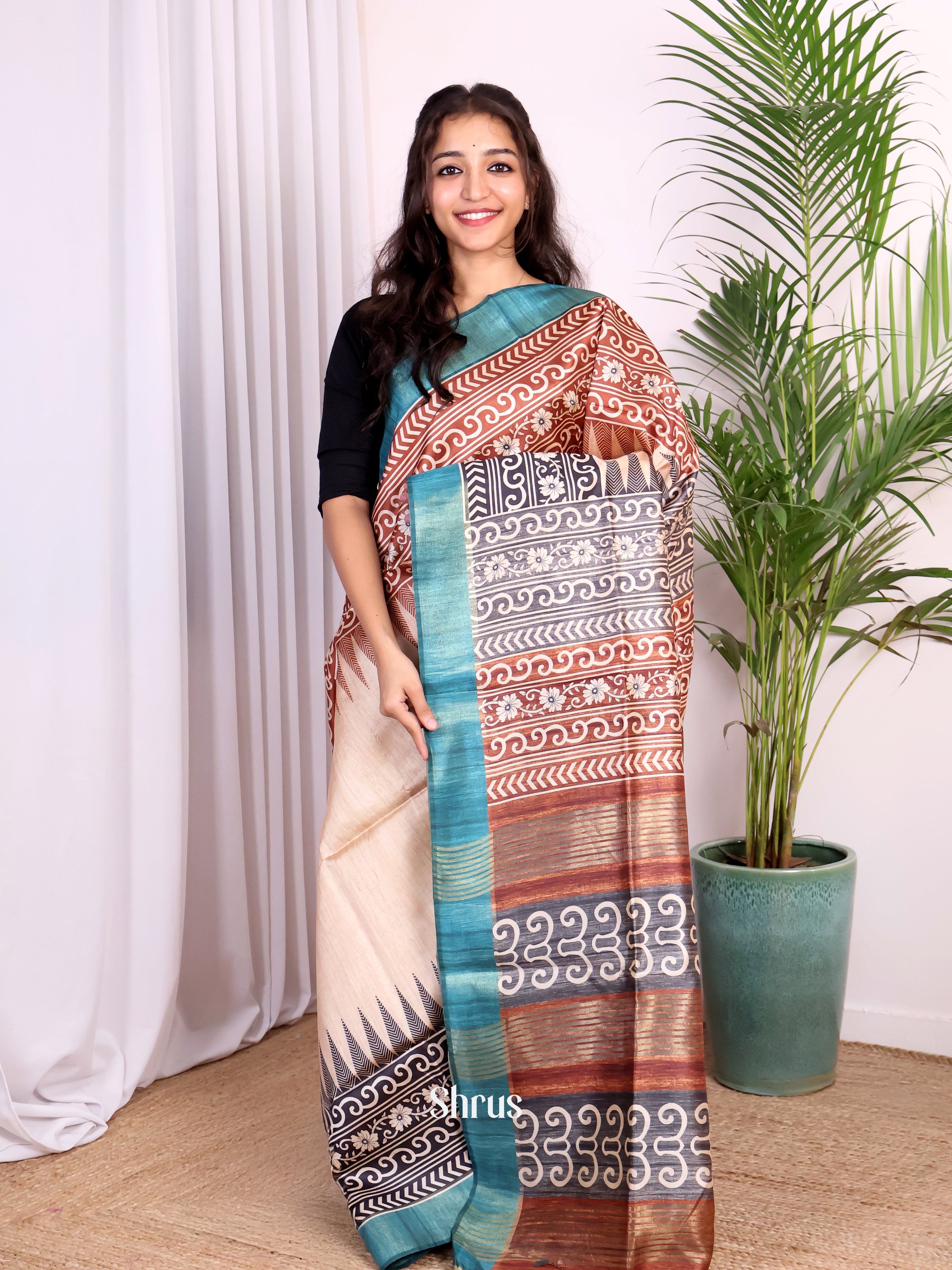 Cream & Blue - Champa semitussar Saree - Shop on Shrus.com