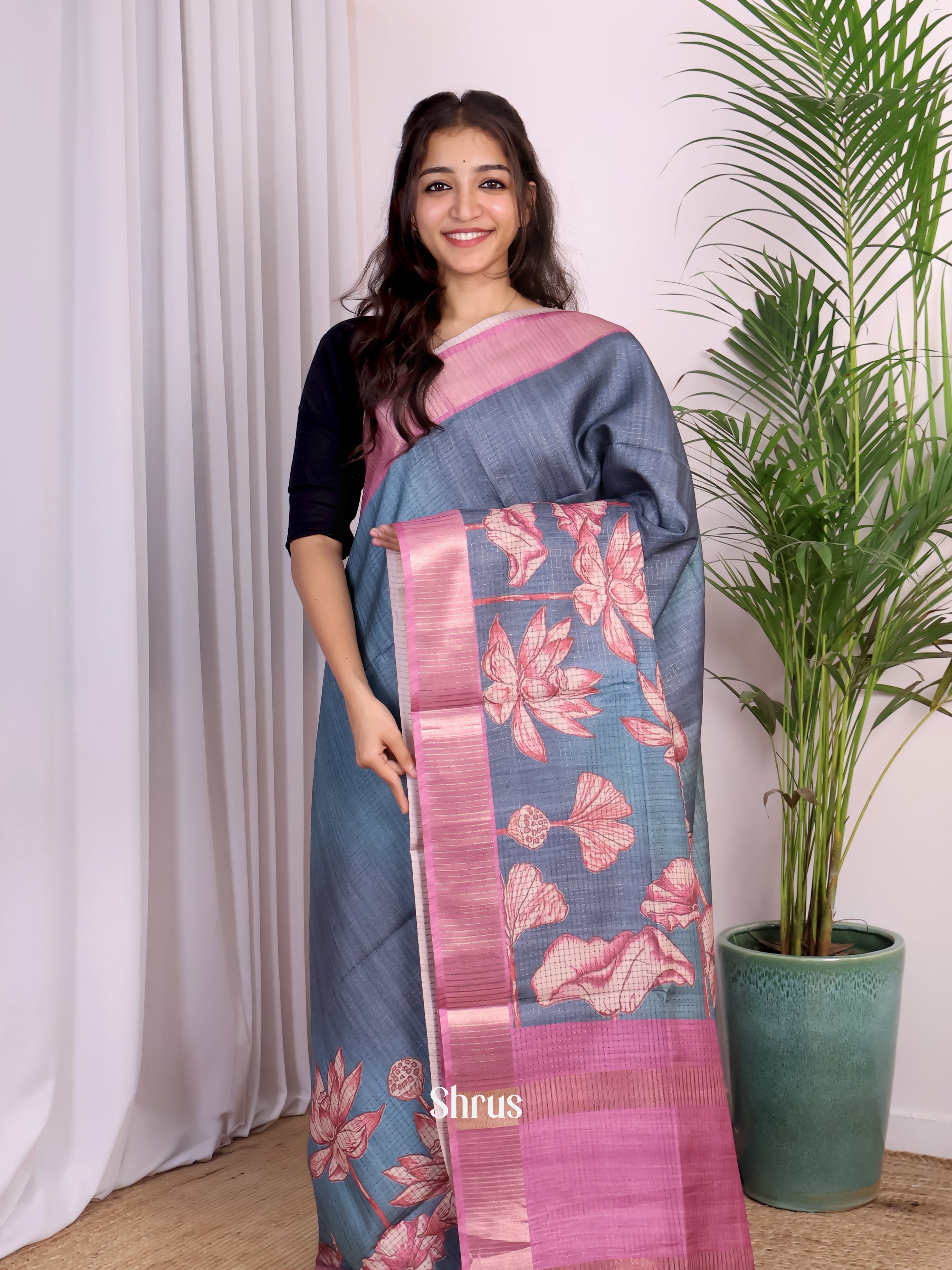Grey & Pink - Champa semitussar Saree - Shop on Shrus.com
