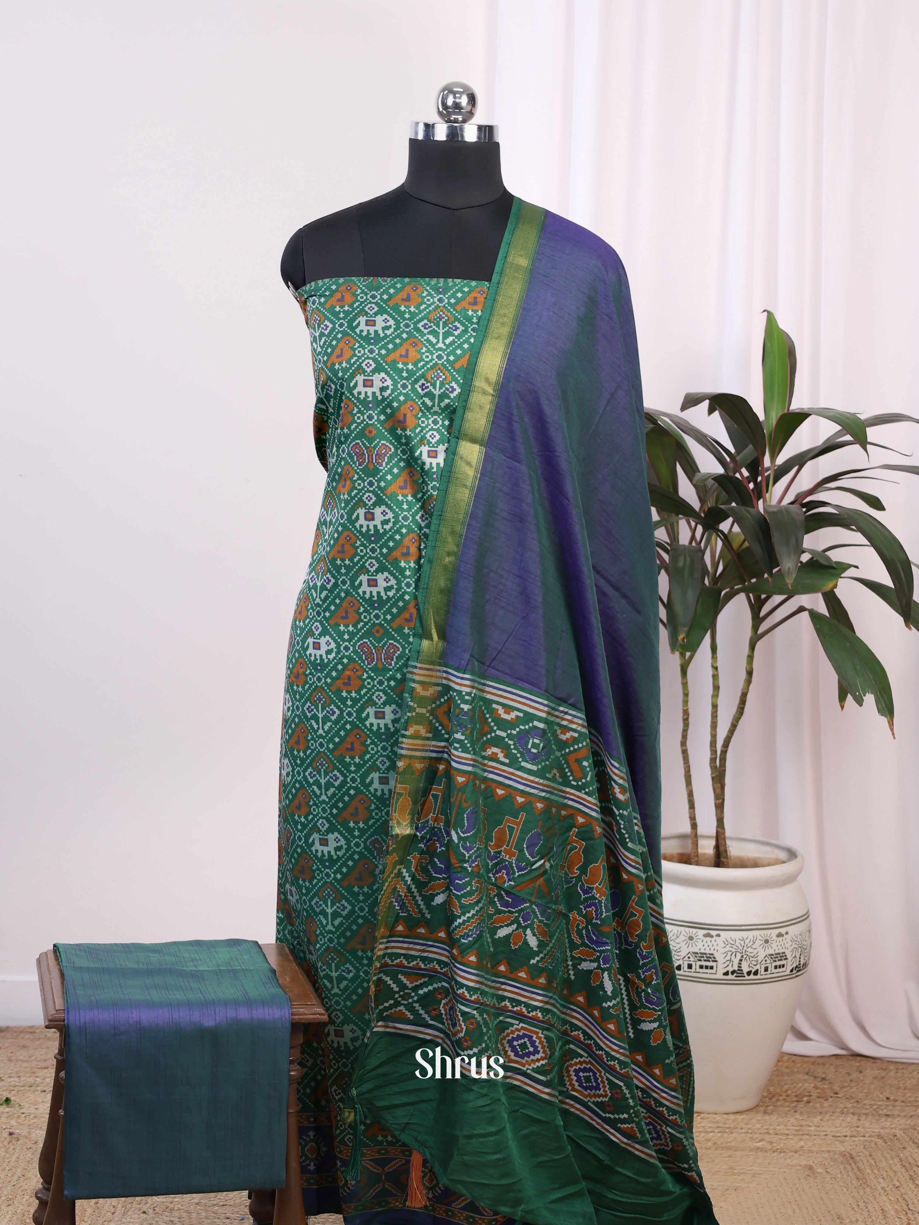 Green & Purple - Semi Patola Unstitched Top, Bottom & Dupatta - CJS25495 - Shop on Shrus.com