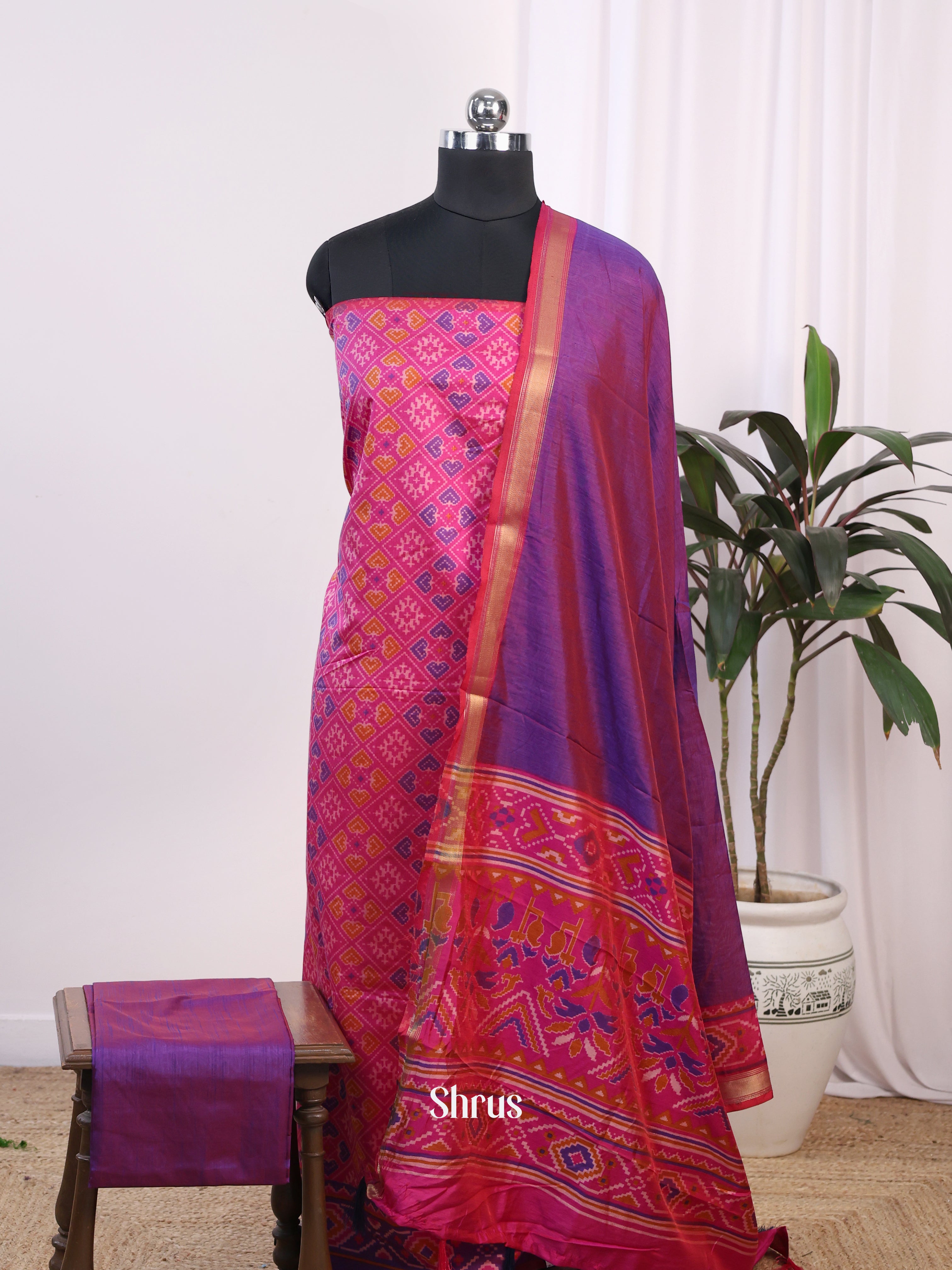 Pink & Purple -Semi Patola Unstitched Top, Bottom & Dupatta- CJS25511 - Shop on Shrus.com