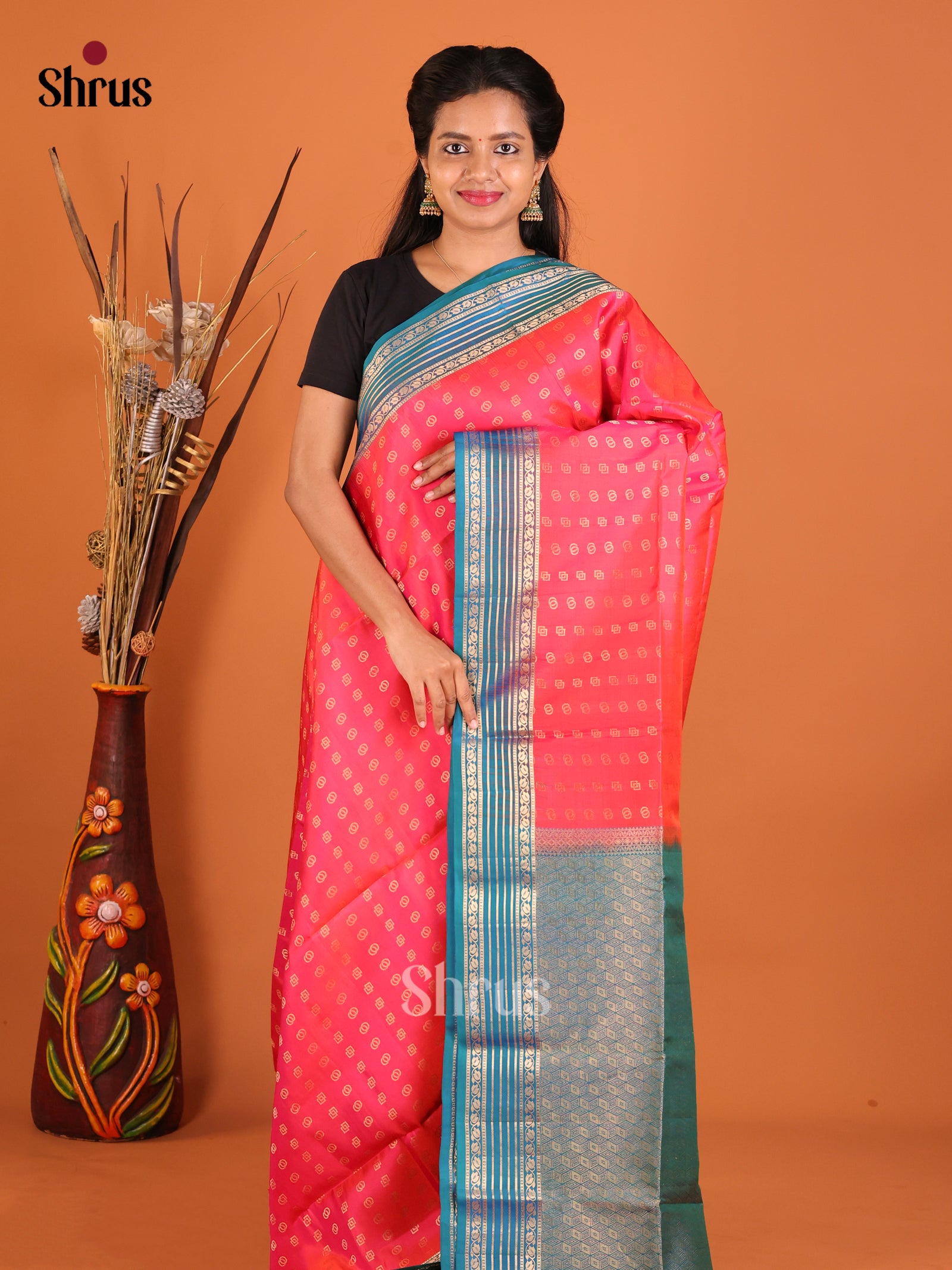 Radiant Orange Soft Silk Saree with thousand zari buttas & Blue Zari Woven Striped Border - Shop on Shrus.com