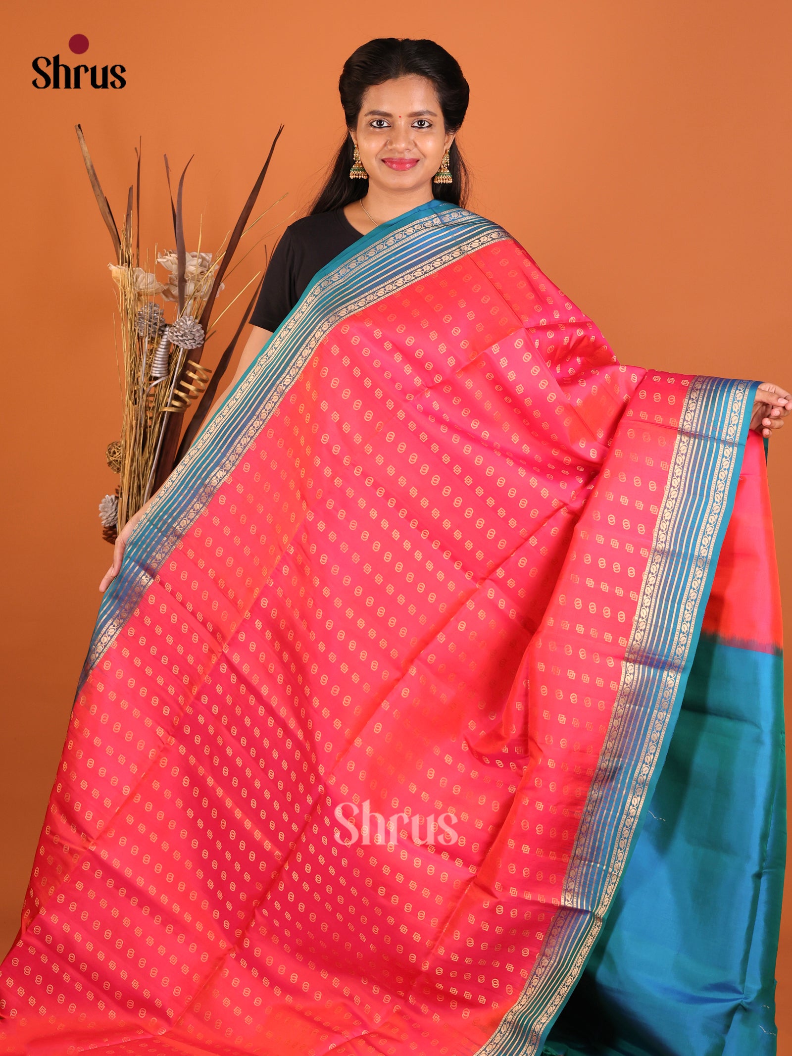 Radiant Orange Soft Silk Saree with thousand zari buttas & Blue Zari Woven Striped Border - Shop on Shrus.com