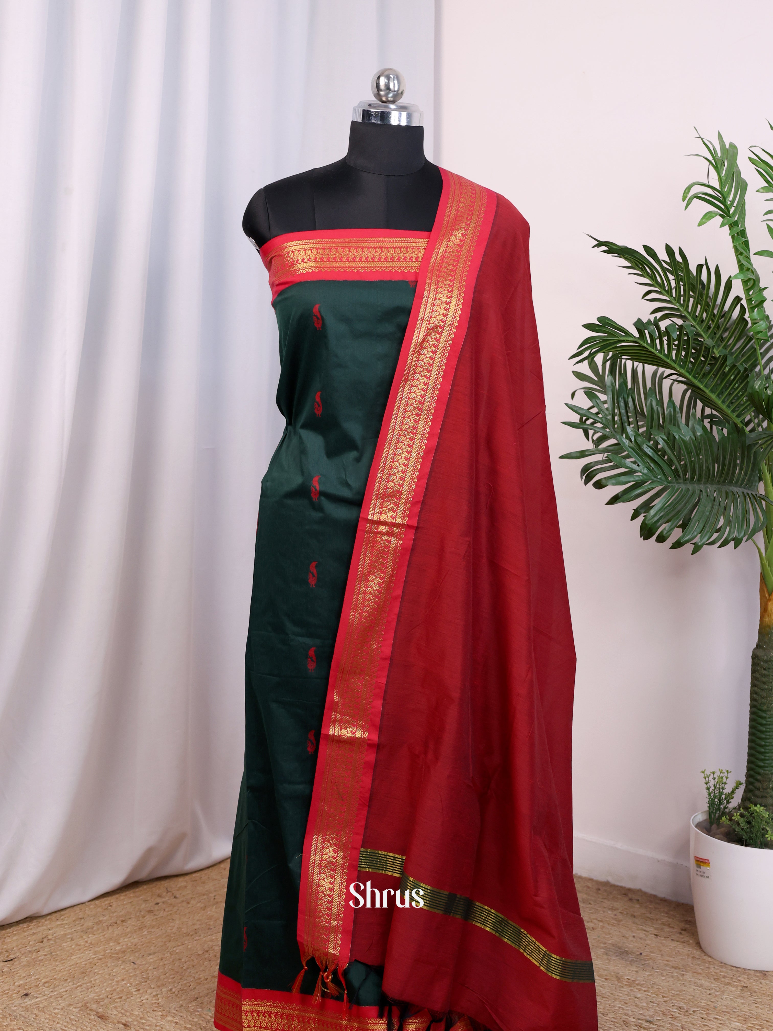Green & Red - Kalyani Cotton unstitched Top & Dupatta - CJS26190 - Shop on Shrus.com