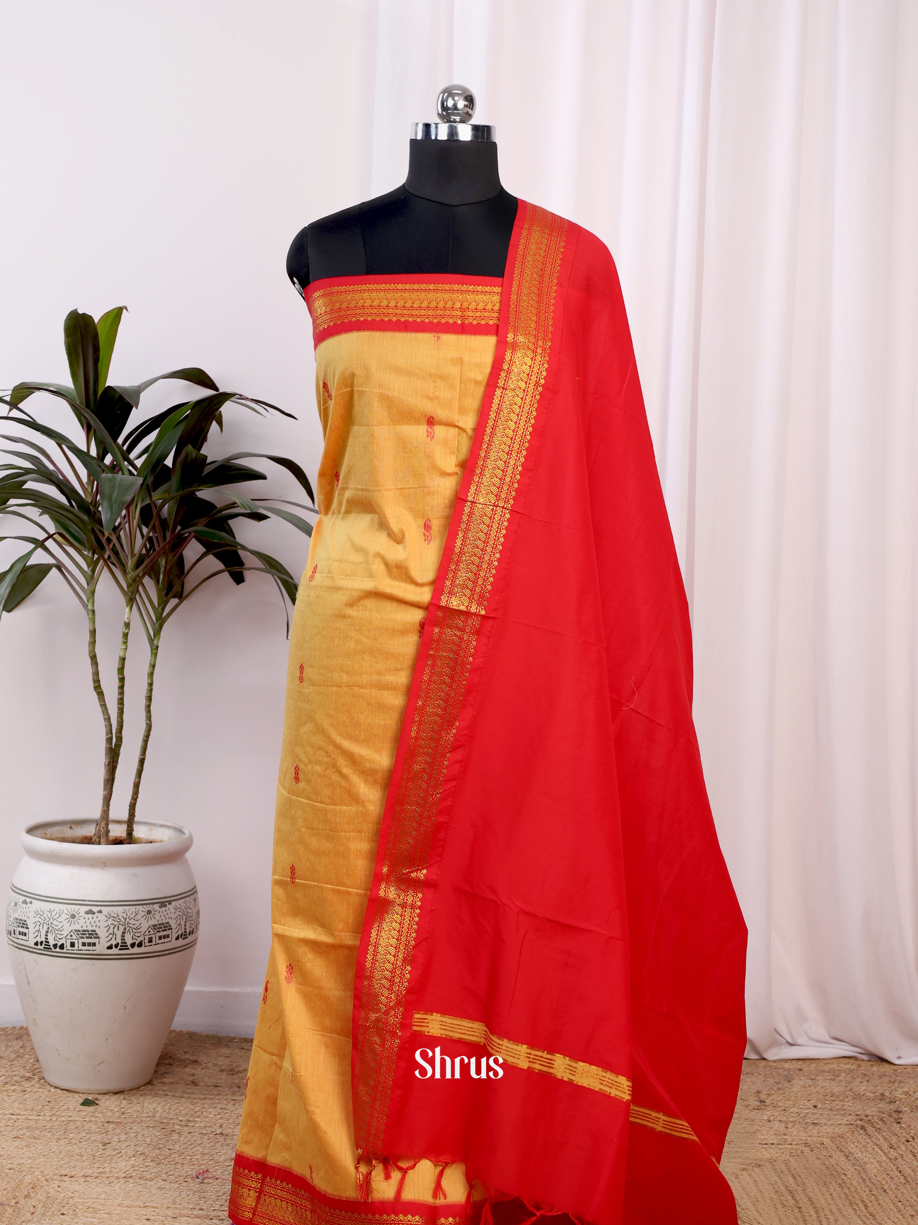 Yellow & Red - Kalyani Cotton unstitched Top & Dupatta - CJS26191 - Shop on Shrus.com