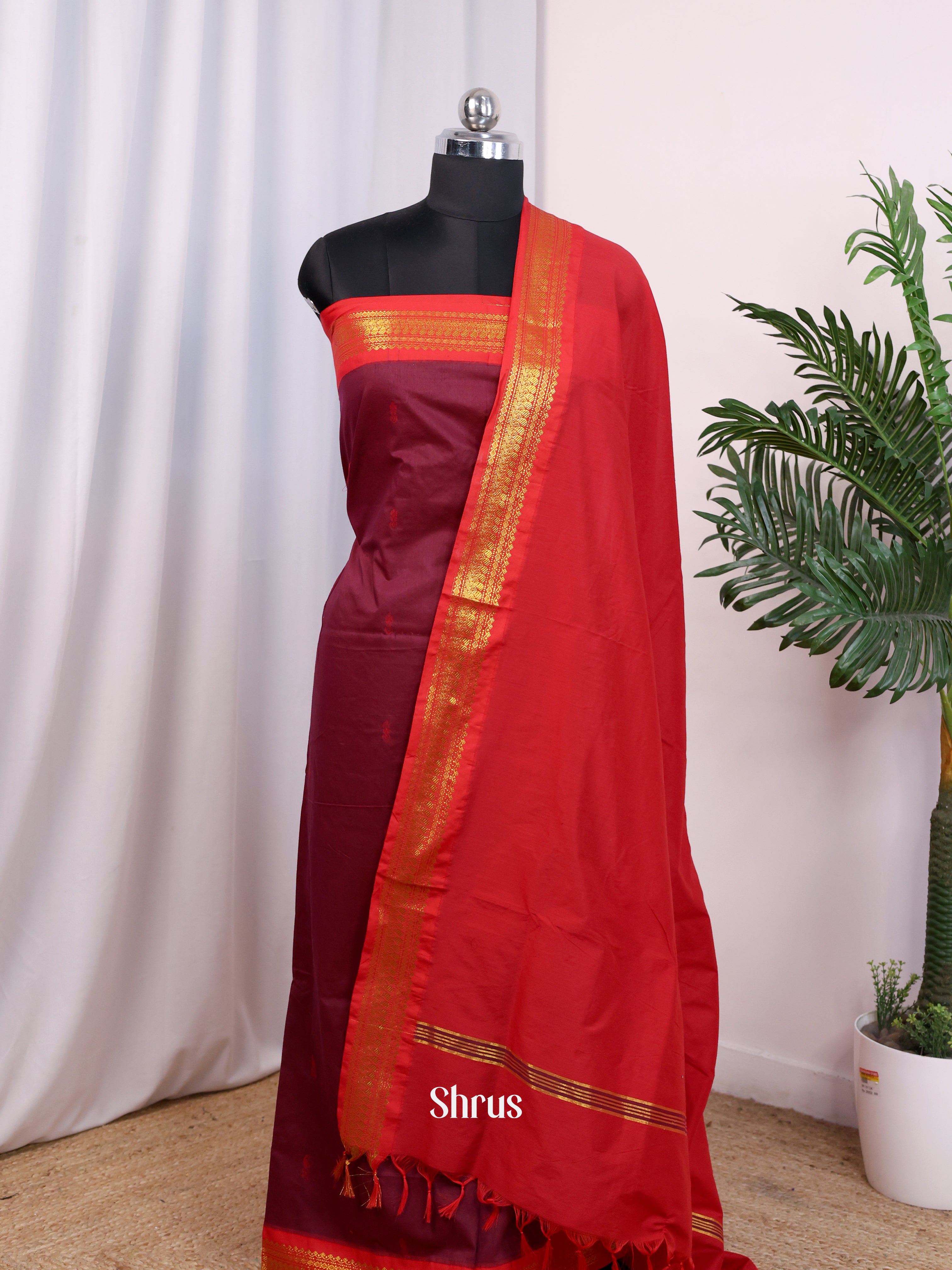 Maroon & Red - Kalyani Cotton unstitched Top & Dupatta- CJS26194 - Shop on Shrus.com