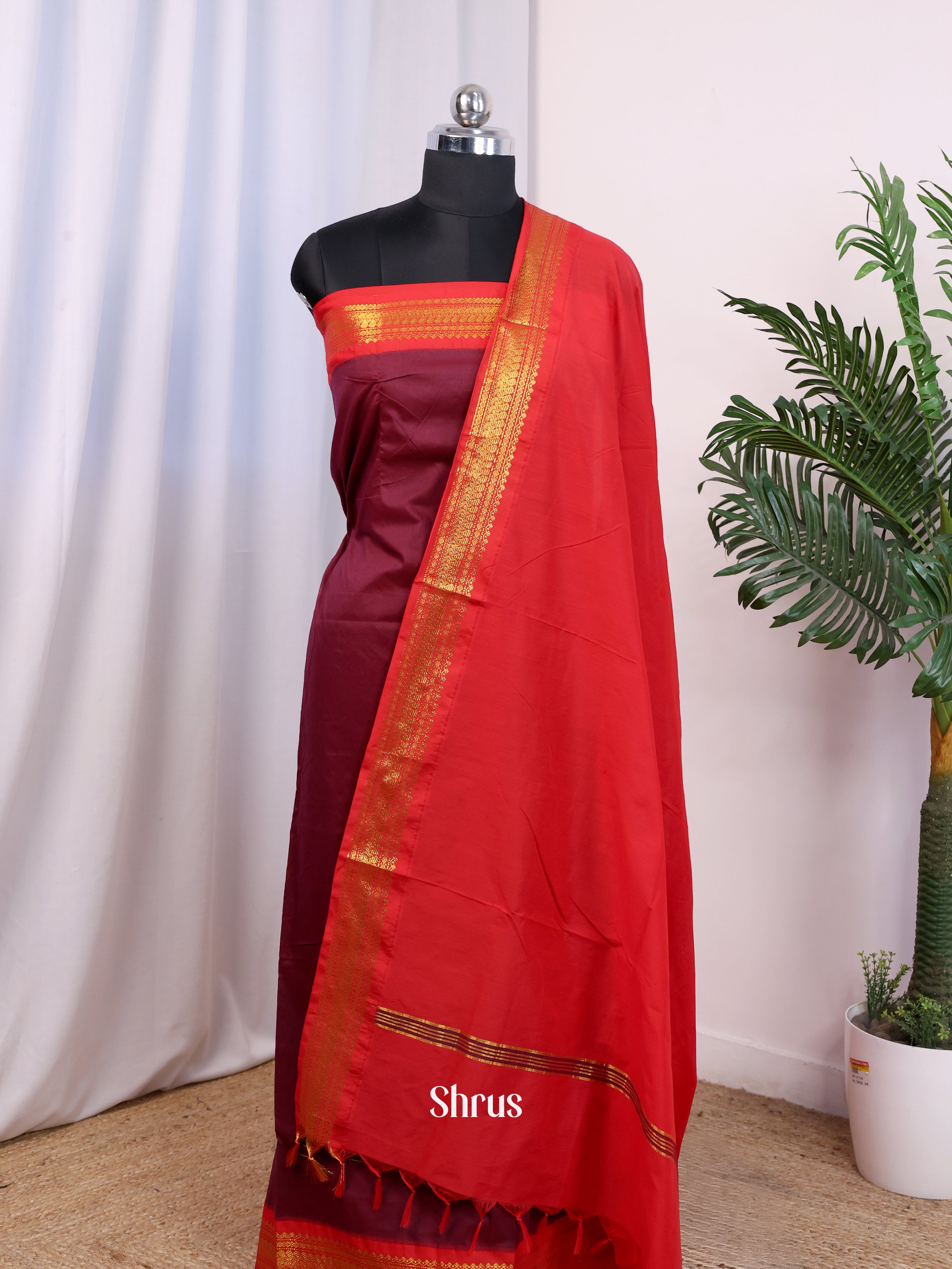 Maroon & Red - Kalyani Cotton unstitched Top & Dupatta - CJS26195 - Shop on Shrus.com