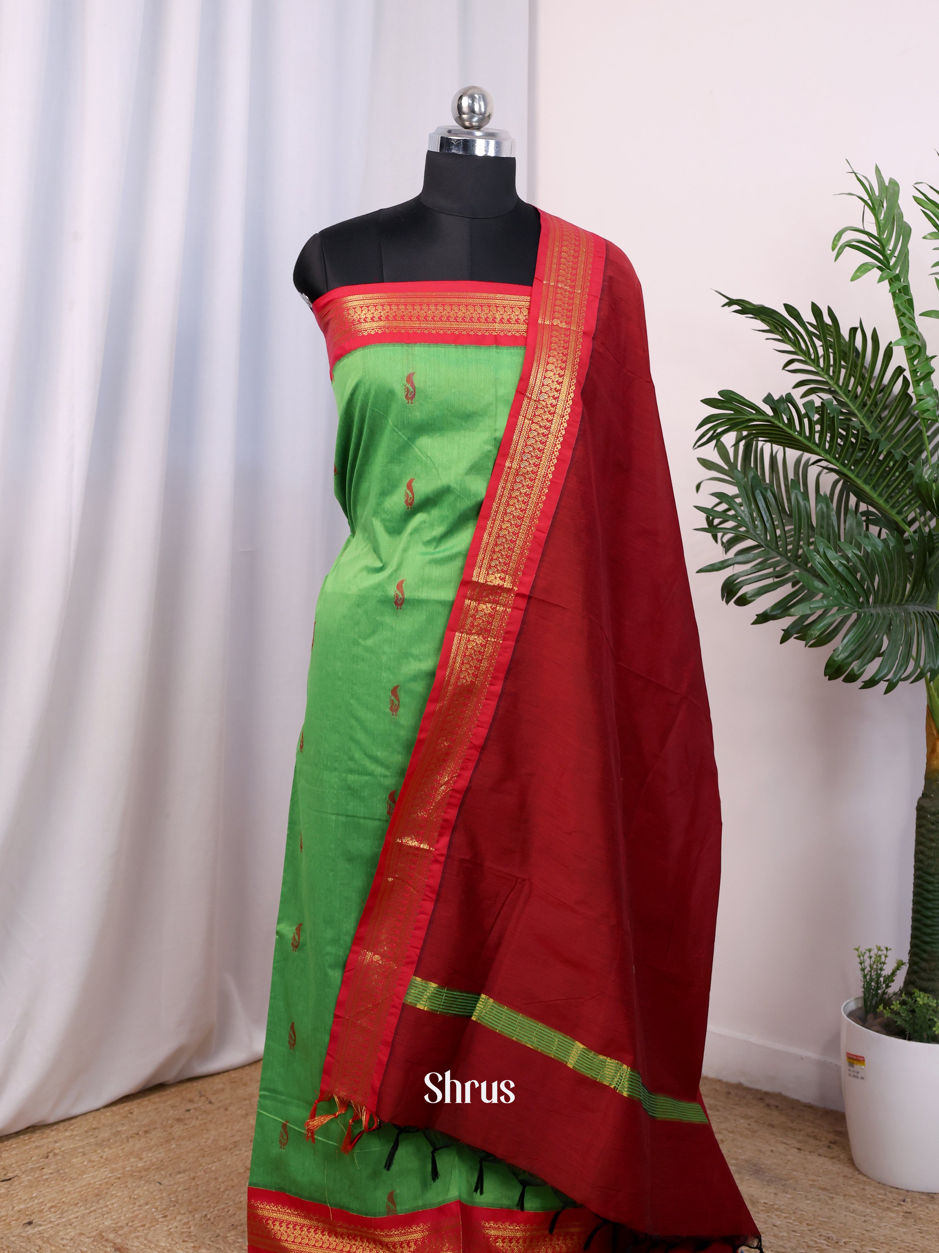 Green & Maroon - Kalyani Cotton unstitched Top & Dupatta - CJS26200 - Shop on Shrus.com