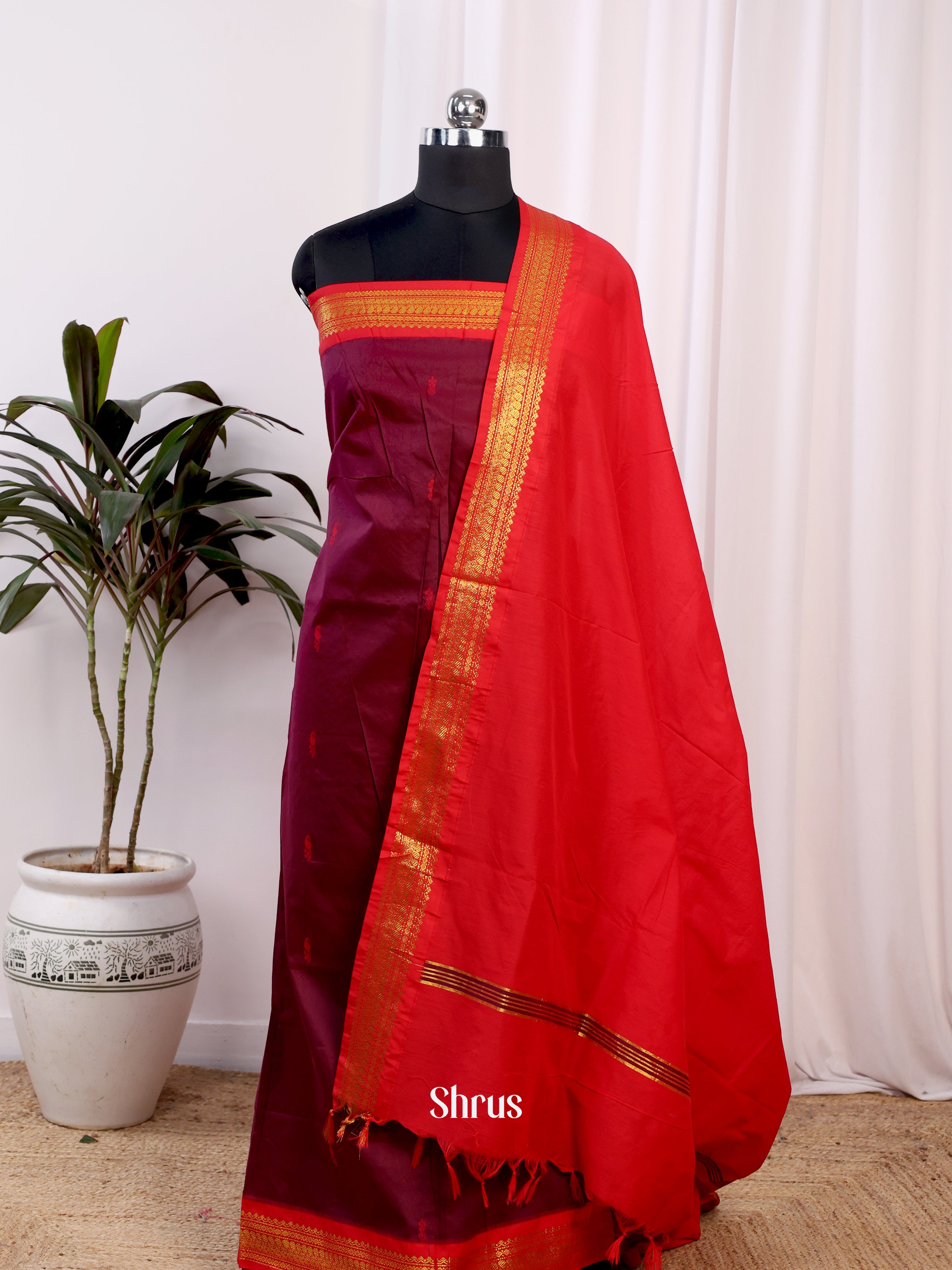 Maroon & Red - Kalyani Cotton salwar unstitch - Shop on Shrus.com
