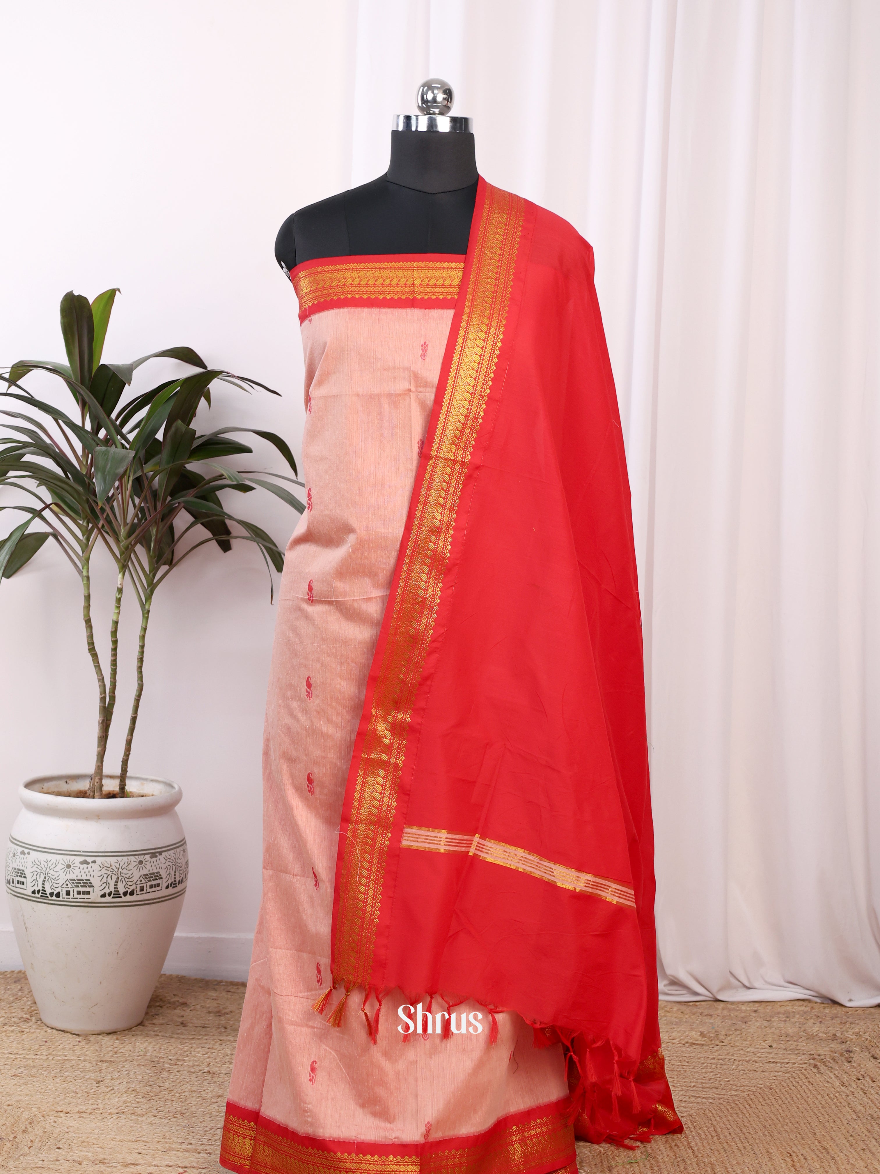 Pink & Red- Kalyani Cotton unstitched Top & Dupatta - CJS26205 - Shop on Shrus.com