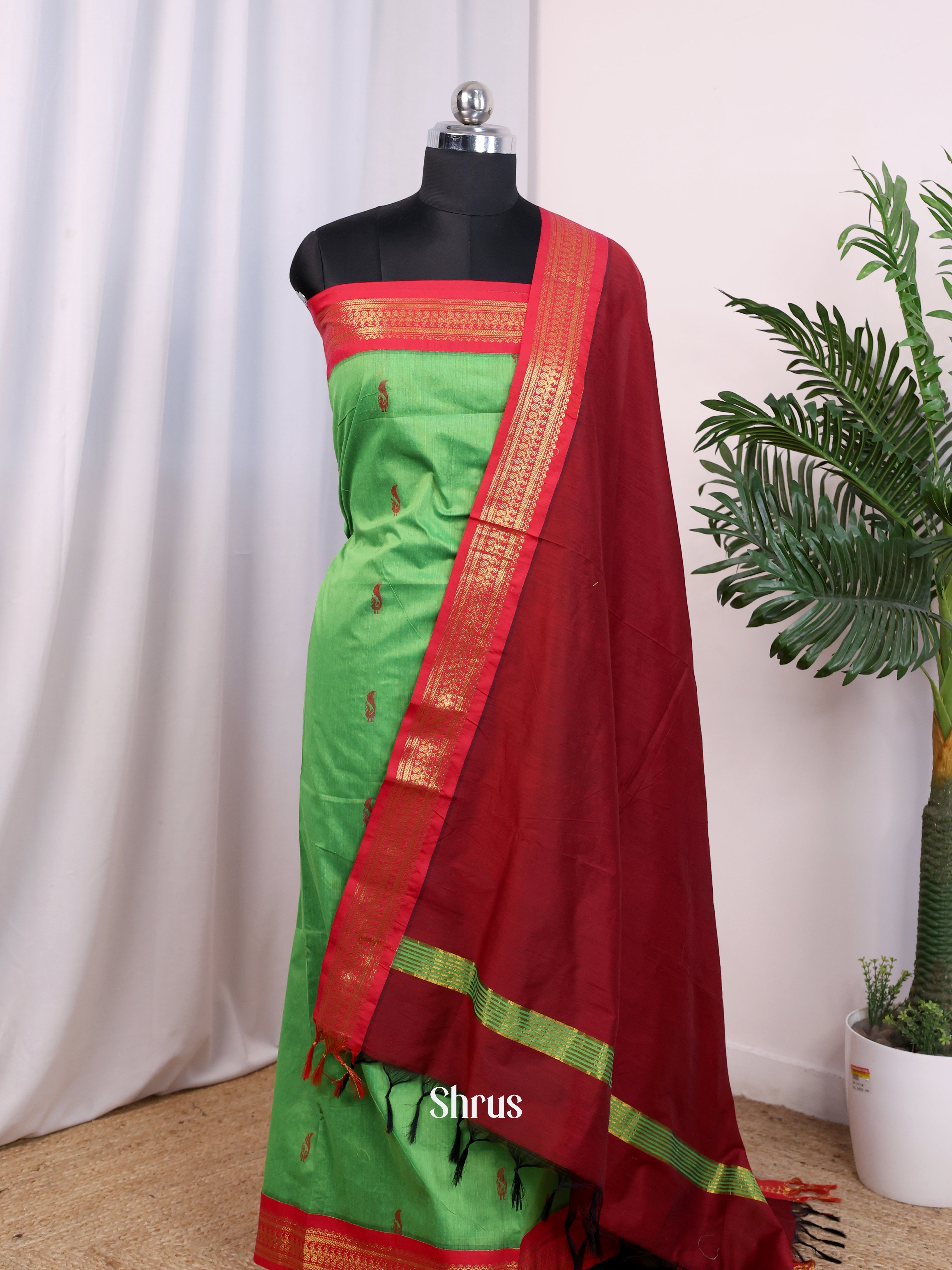 Green & Maroon- Kalyani Cotton unstitched Top & Dupatta - CJS26206 - Shop on Shrus.com