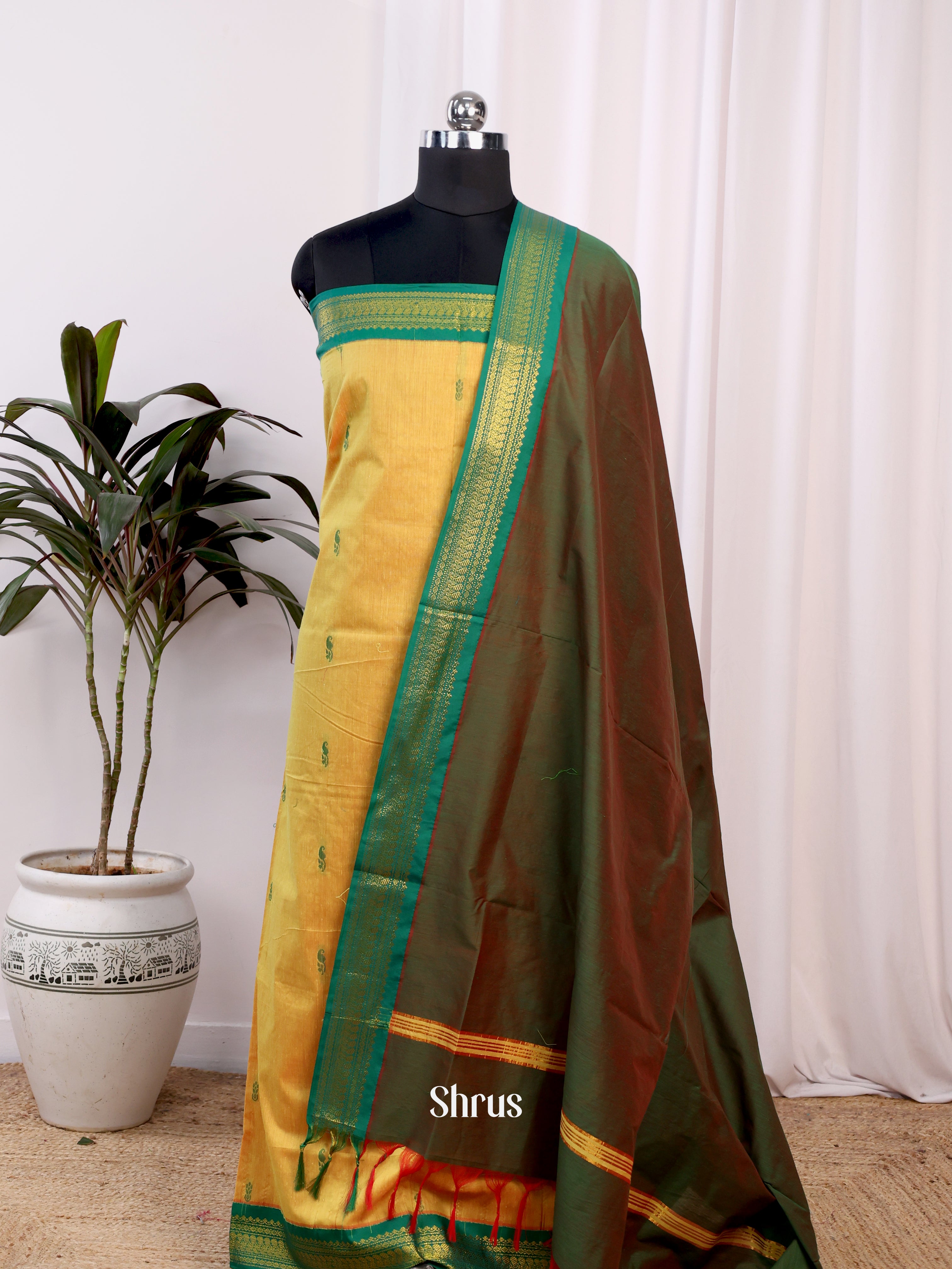 Yellow & Green- Kalyani Cotton salwar unstitch - Shop on Shrus.com