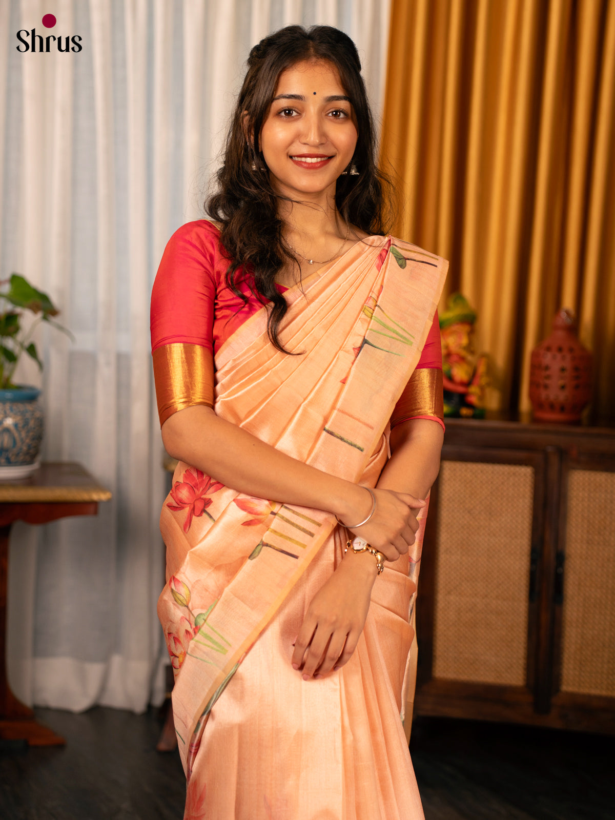 Peach - Semi Tussar Saree - Shop on Shrus.com