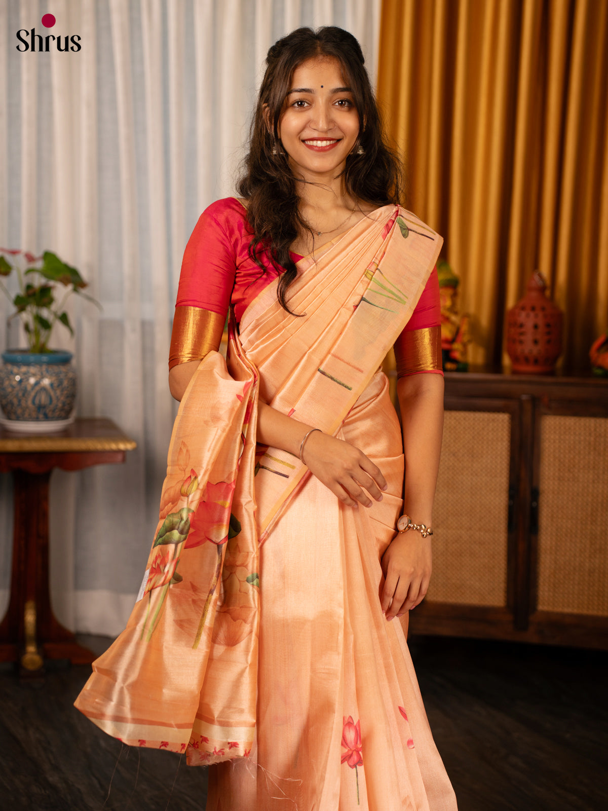 Peach - Semi Tussar Saree - Shop on Shrus.com