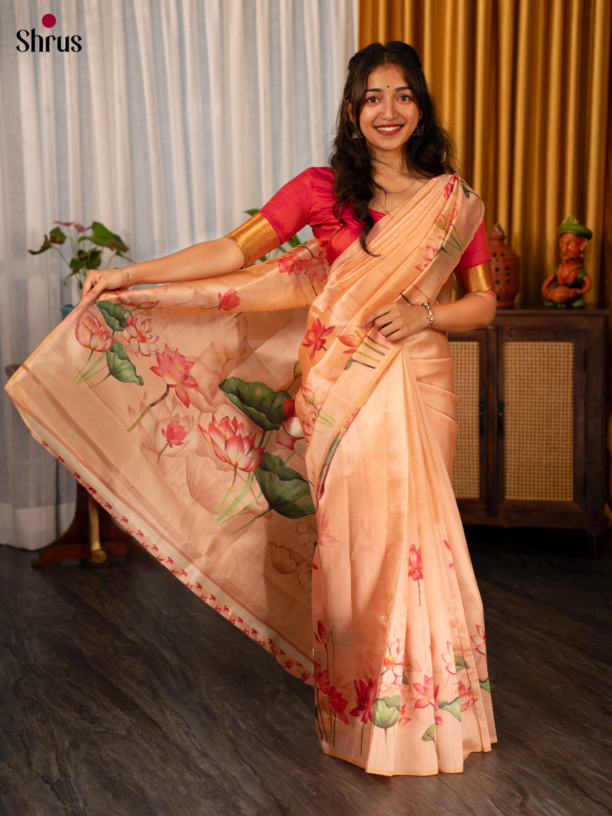 Peach - Semi Tussar Saree - Shop on Shrus.com