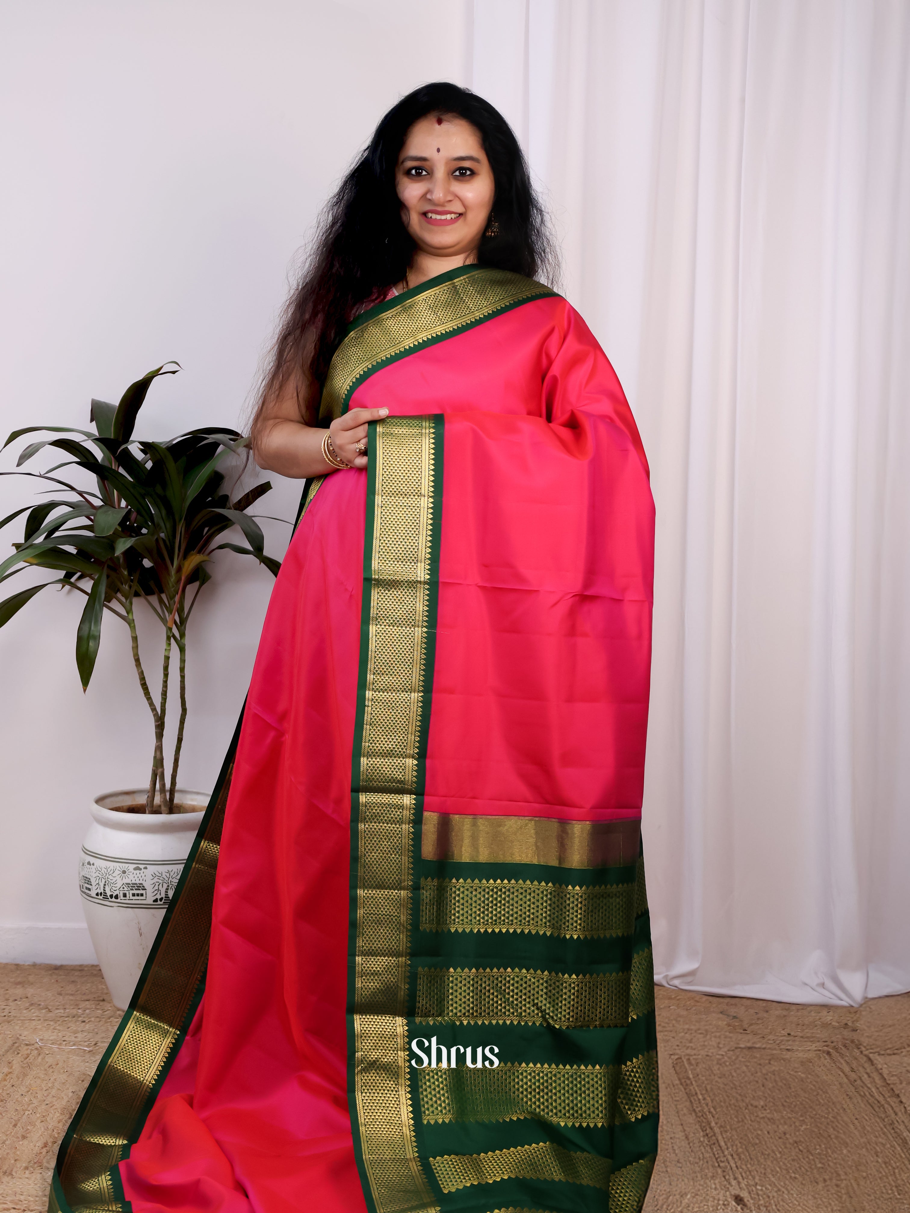 Pink & Green - Traditional 9 Yards Madisar Silk saree - Shop on Shrus.com