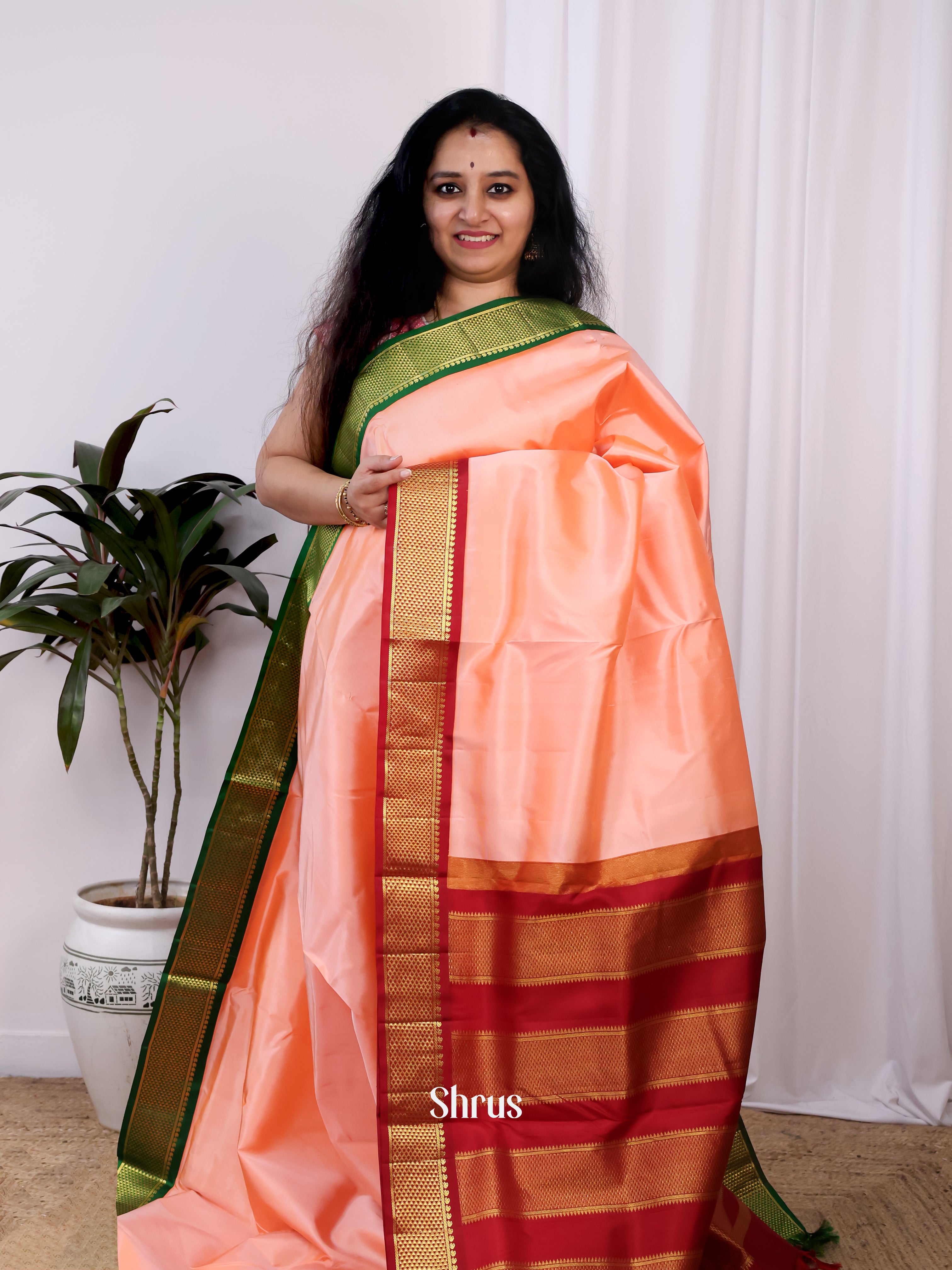 Peach Saree with Ganga Jamuna Border - Traditional 9 Yards Madisar Silk saree - Shop on Shrus.com