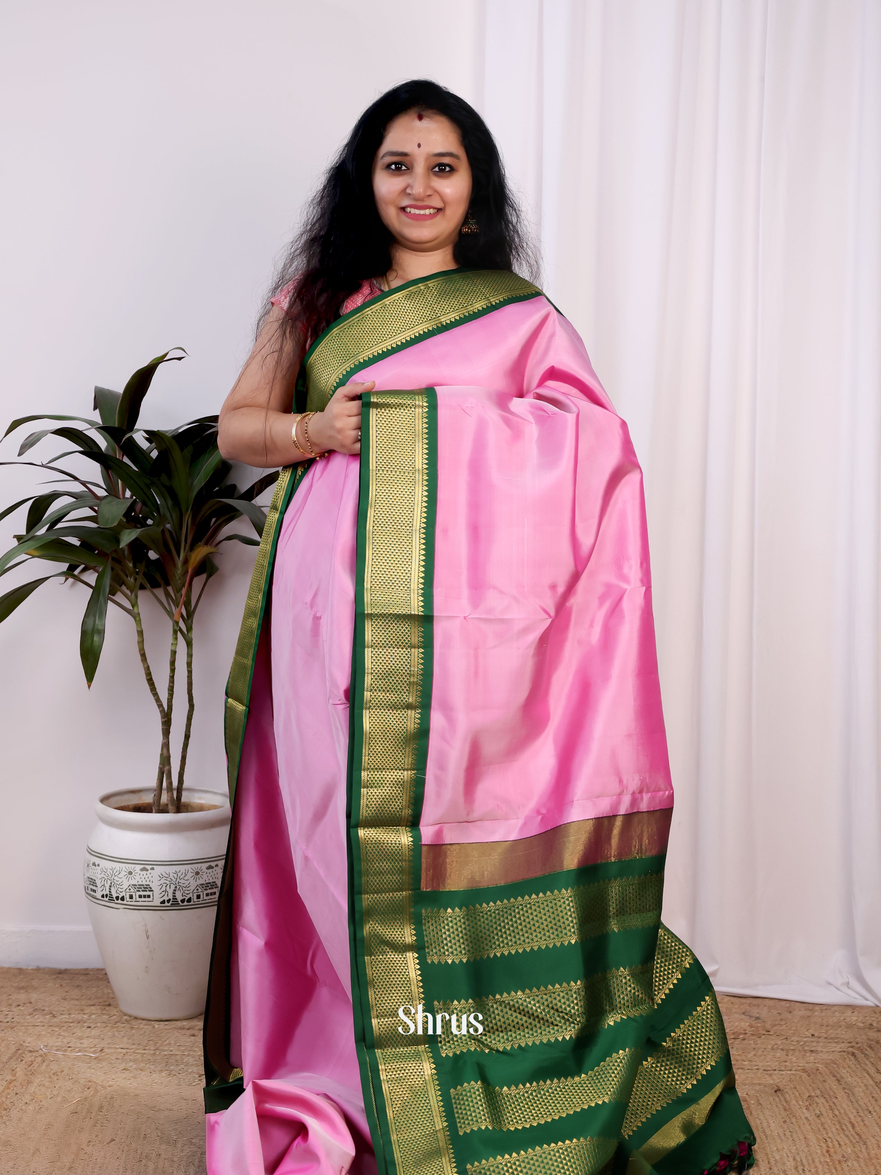 Baby Pink & Green - Traditional 9 Yards Madisar Silk saree - Shop on Shrus.com