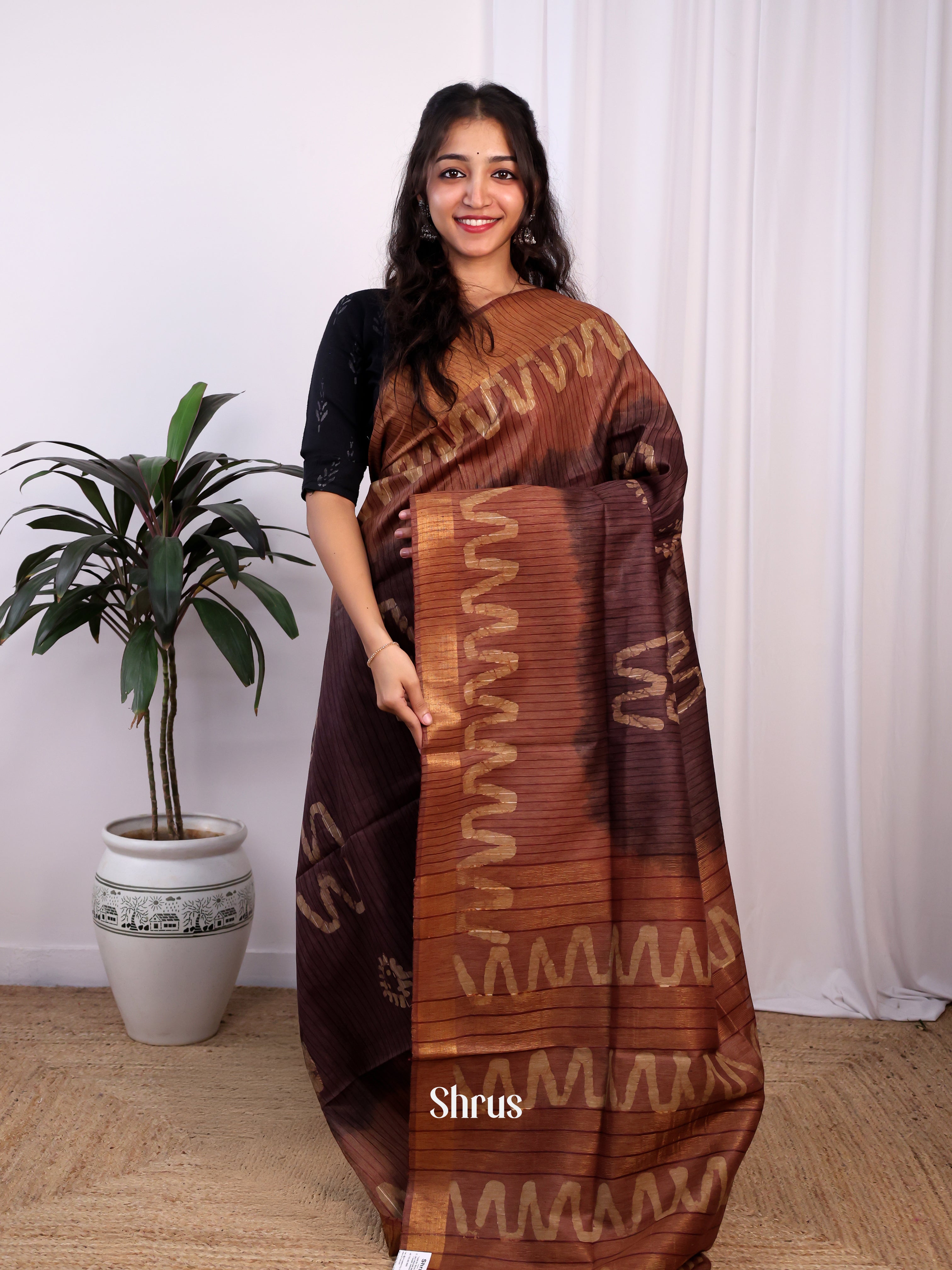 Brown -Bhatik Saree - Shop on Shrus.com
