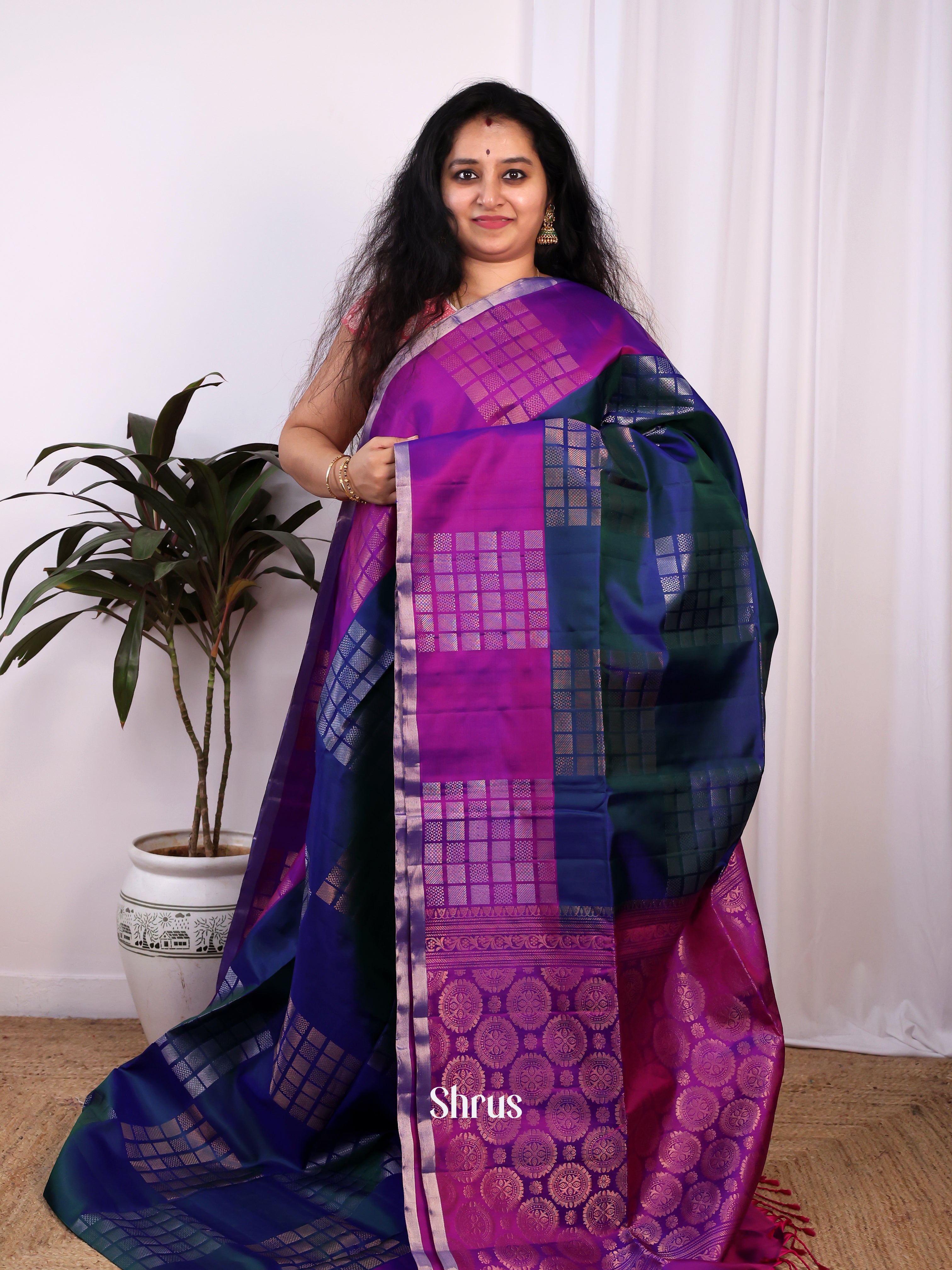 Dashing Blue Soft Silk Saree with Zari Woven Blocks, Purple Zari Border & Rich Brocade Pallu - Shop on Shrus.com