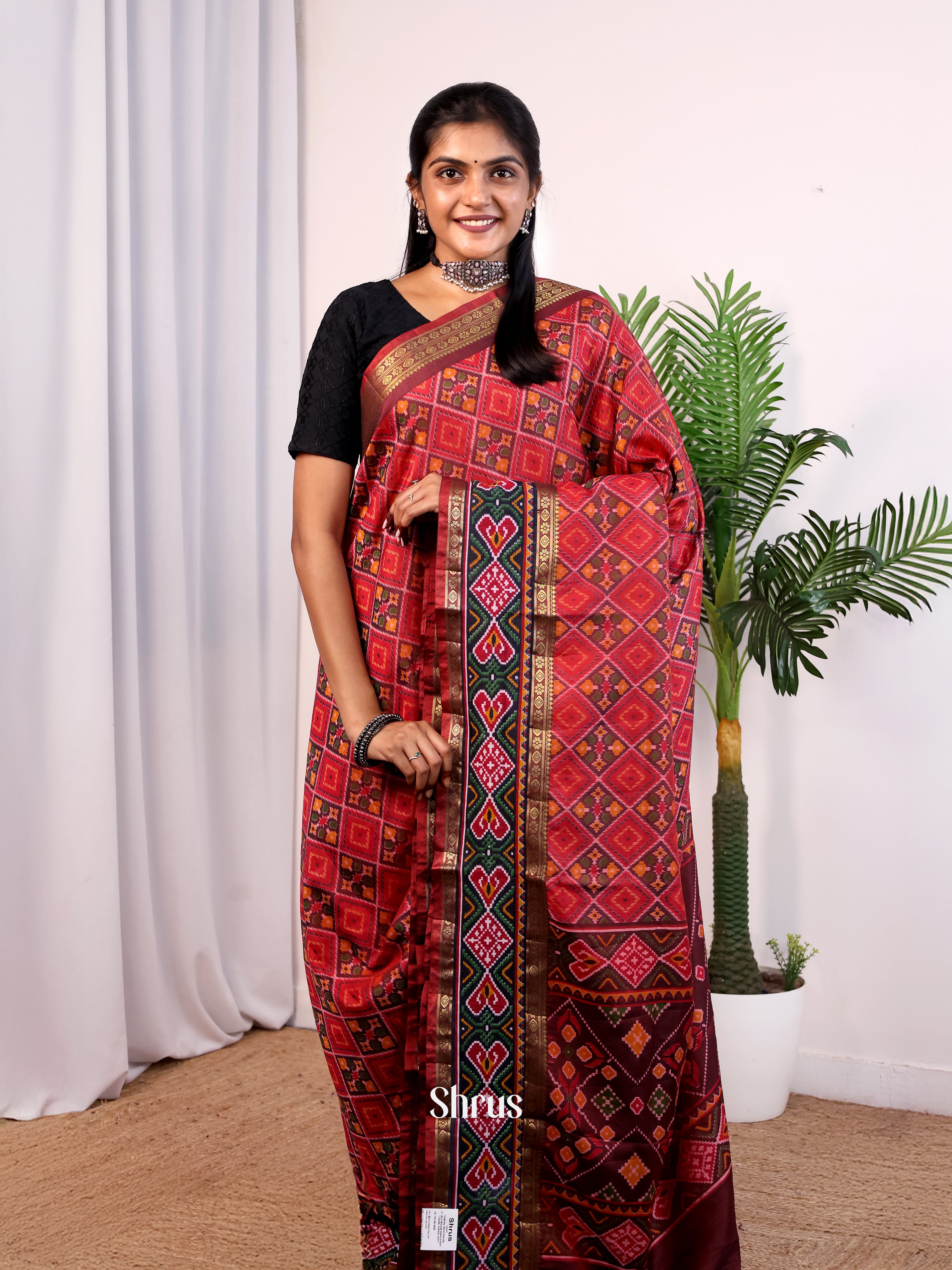 Red & Brown - Semi Patola Saree - Shop on Shrus.com