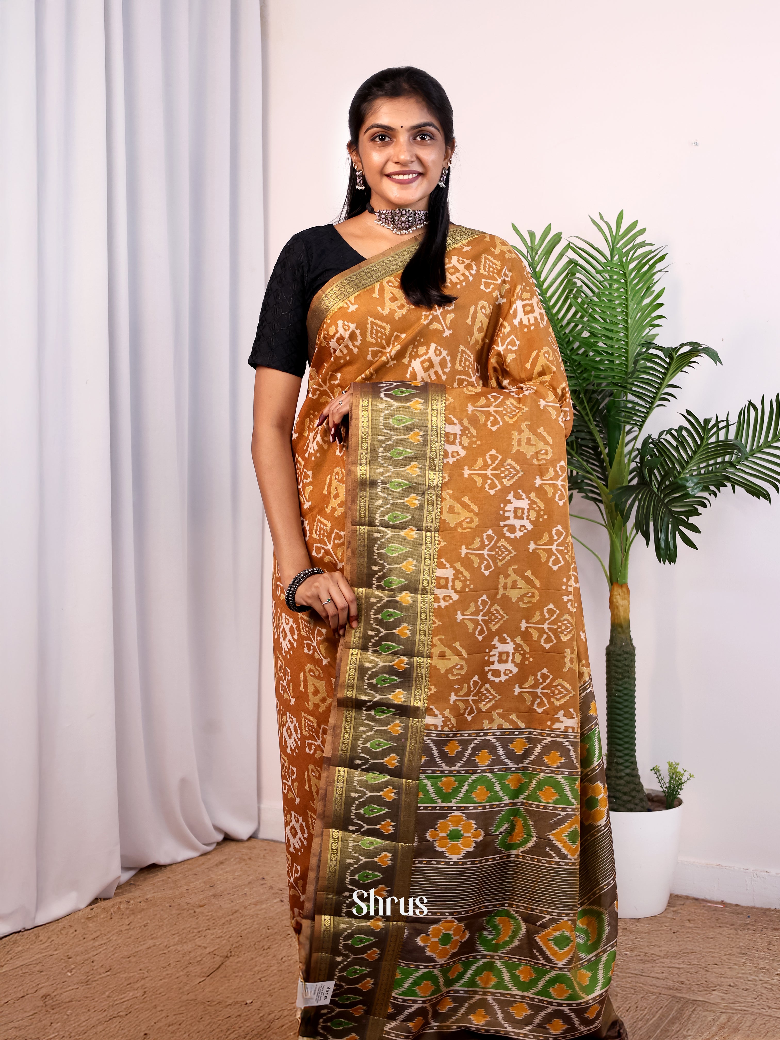 Dark Mustard & Army Green- Semi Patola Saree - Shop on Shrus.com