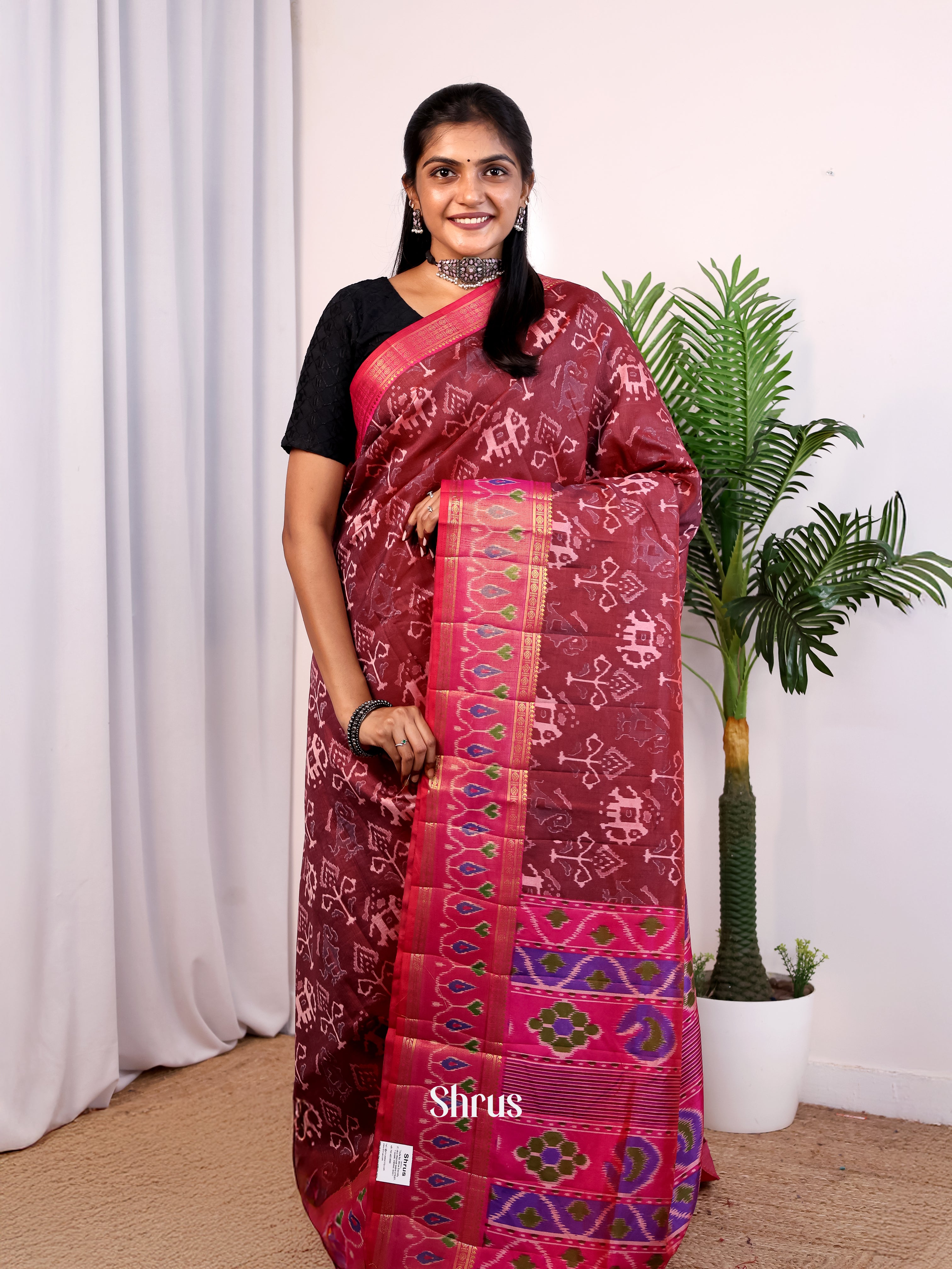 Brown & Pink - Semi Patola Saree - Shop on Shrus.com