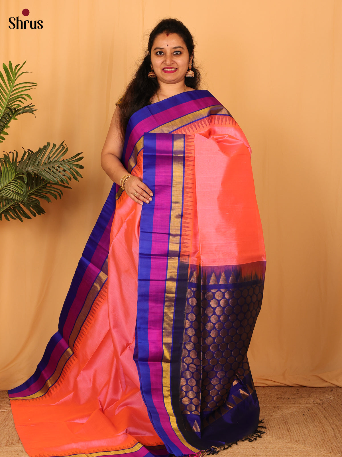 Peach & Blue - Silk Cotton Saree - Shop on Shrus.com