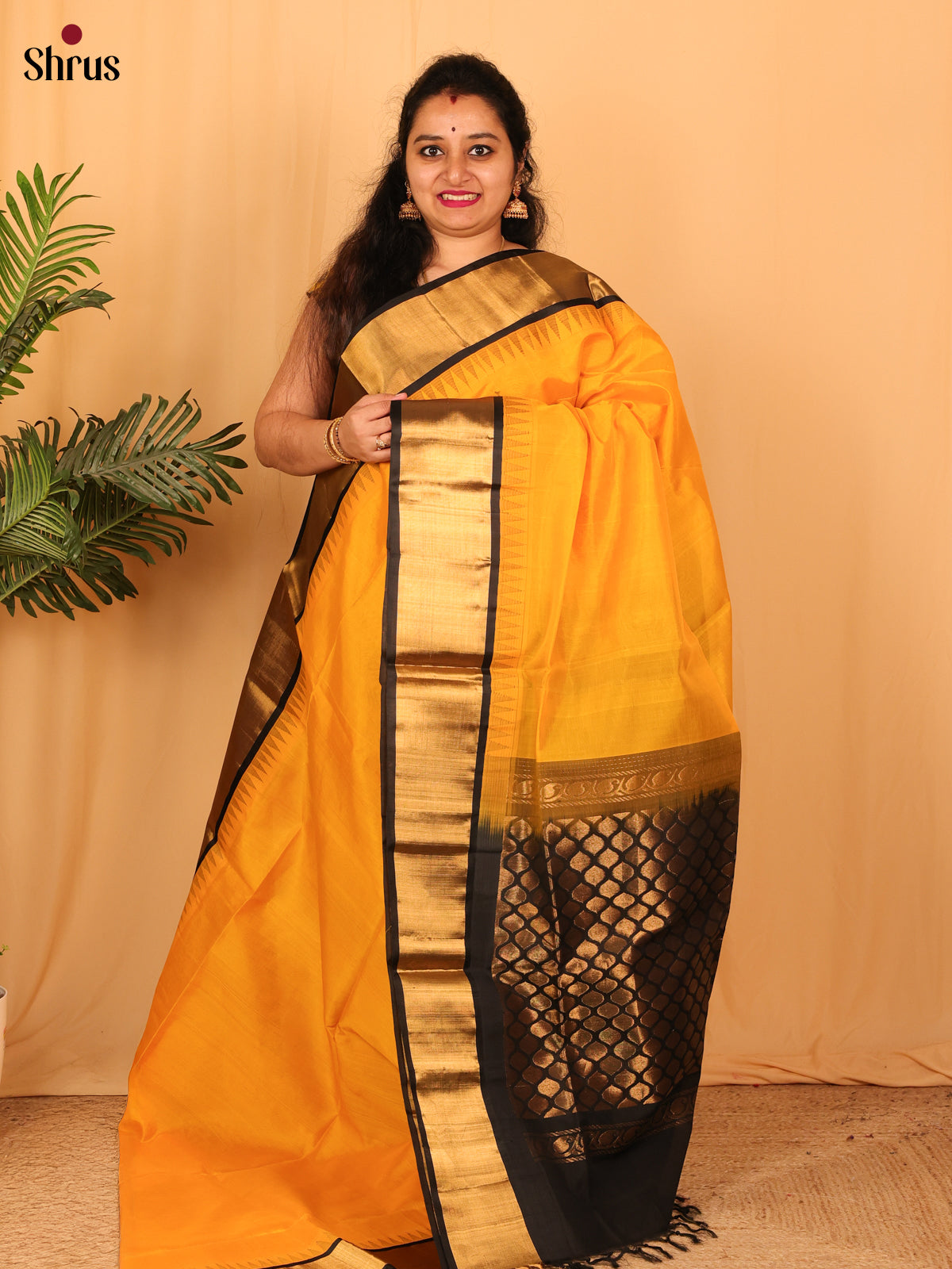 Mustard & Black - Silk Cotton Saree - Shop on Shrus.com