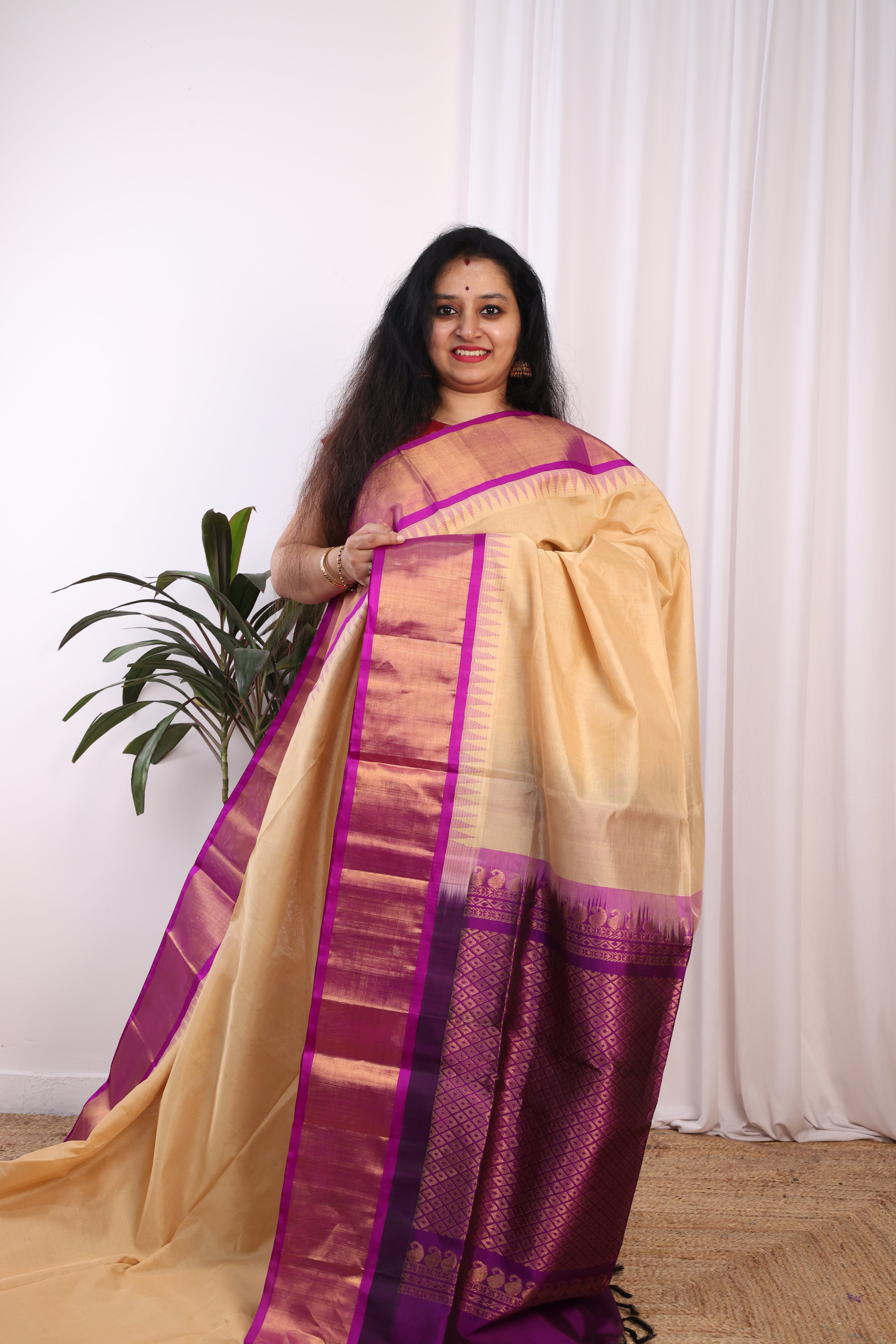 Beige & Purple - Silk Cotton Saree - Shop on Shrus.com
