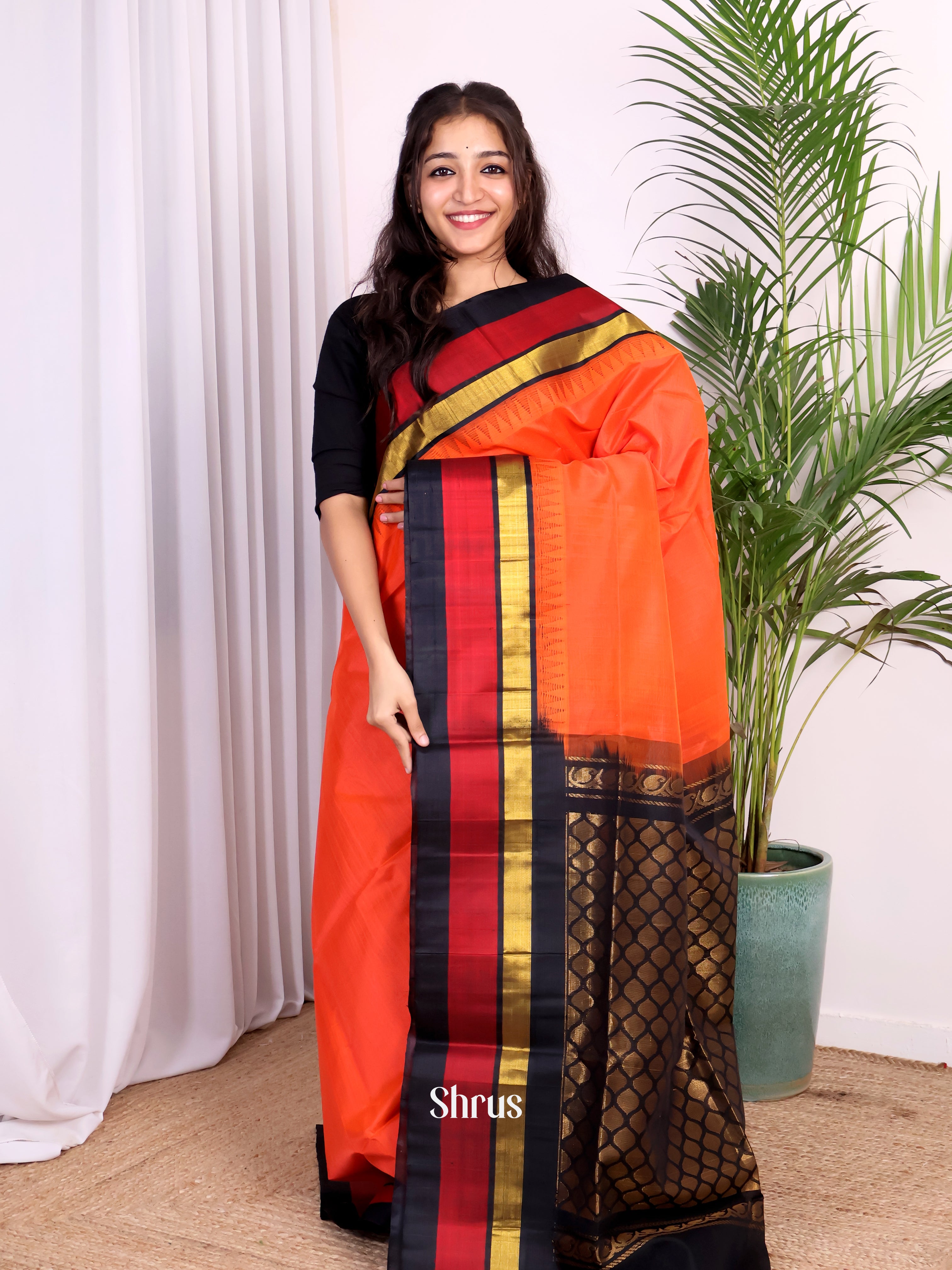 Exquisite Orange Cotton Silk Saree with Black Zari Border & Brocade Contrast Pallu