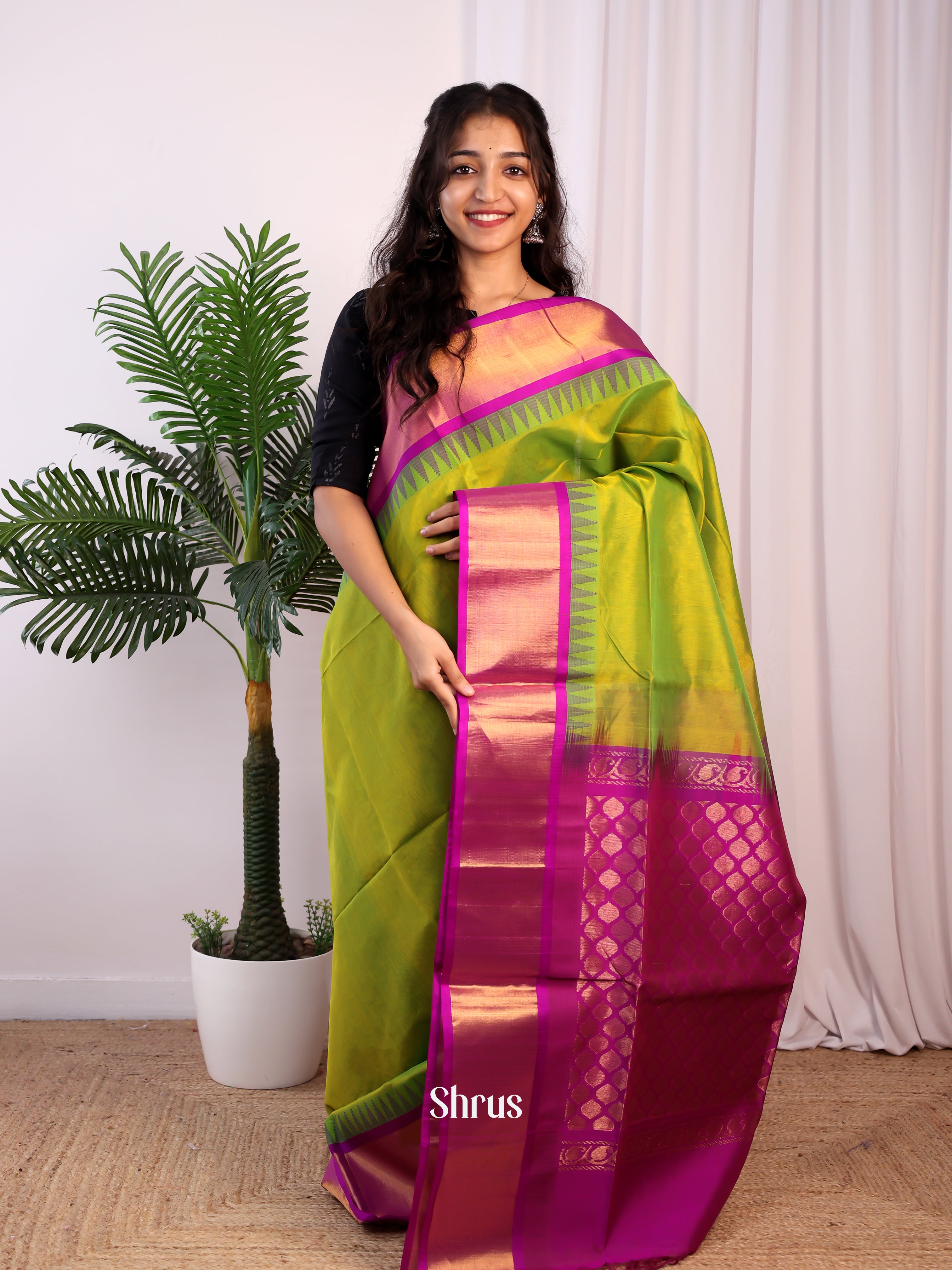 Green & Purple- Silk Cotton Saree - Shop on Shrus.com