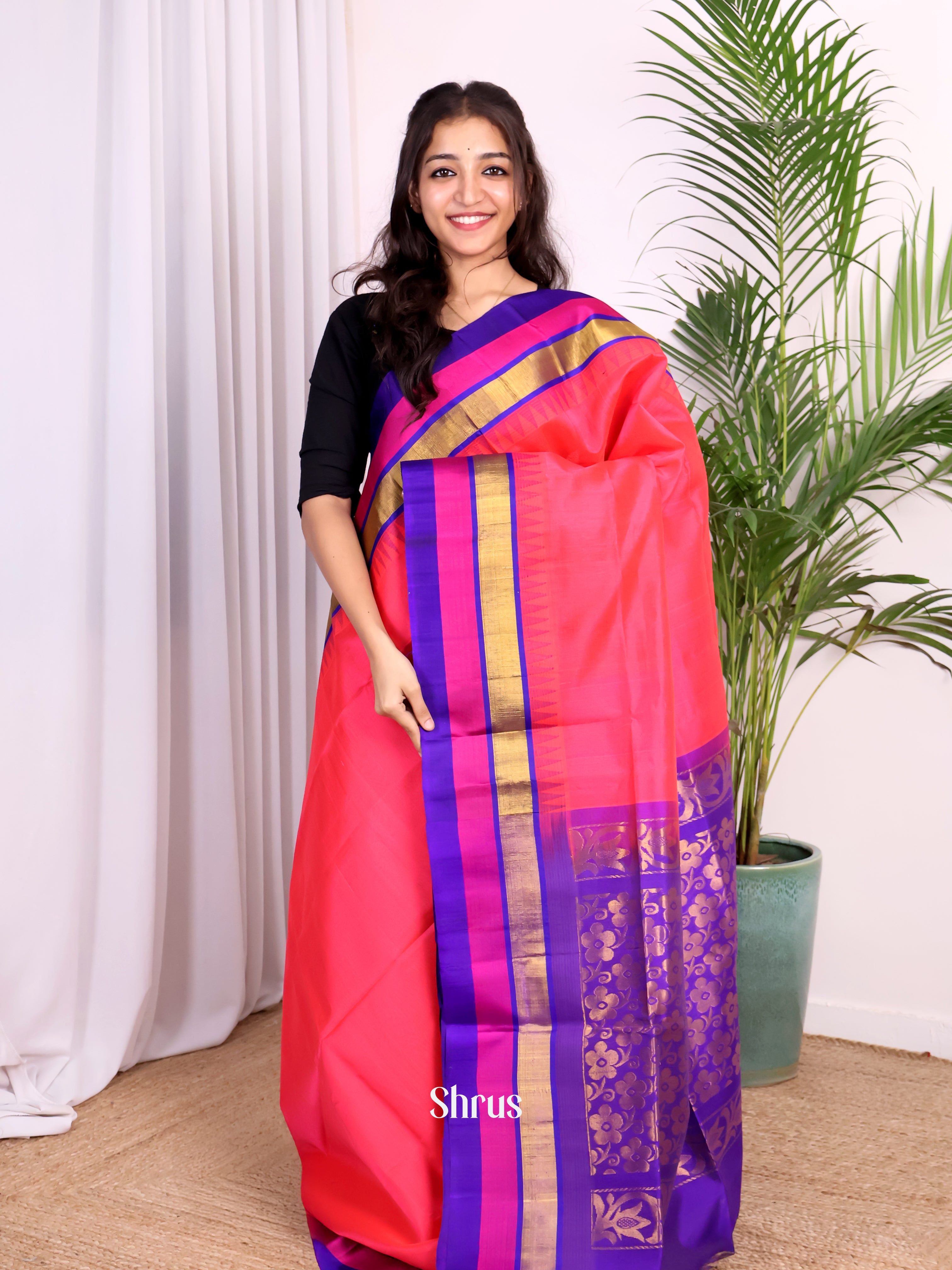 Pink & Violet - Silk Cotton Saree - Shop on Shrus.com