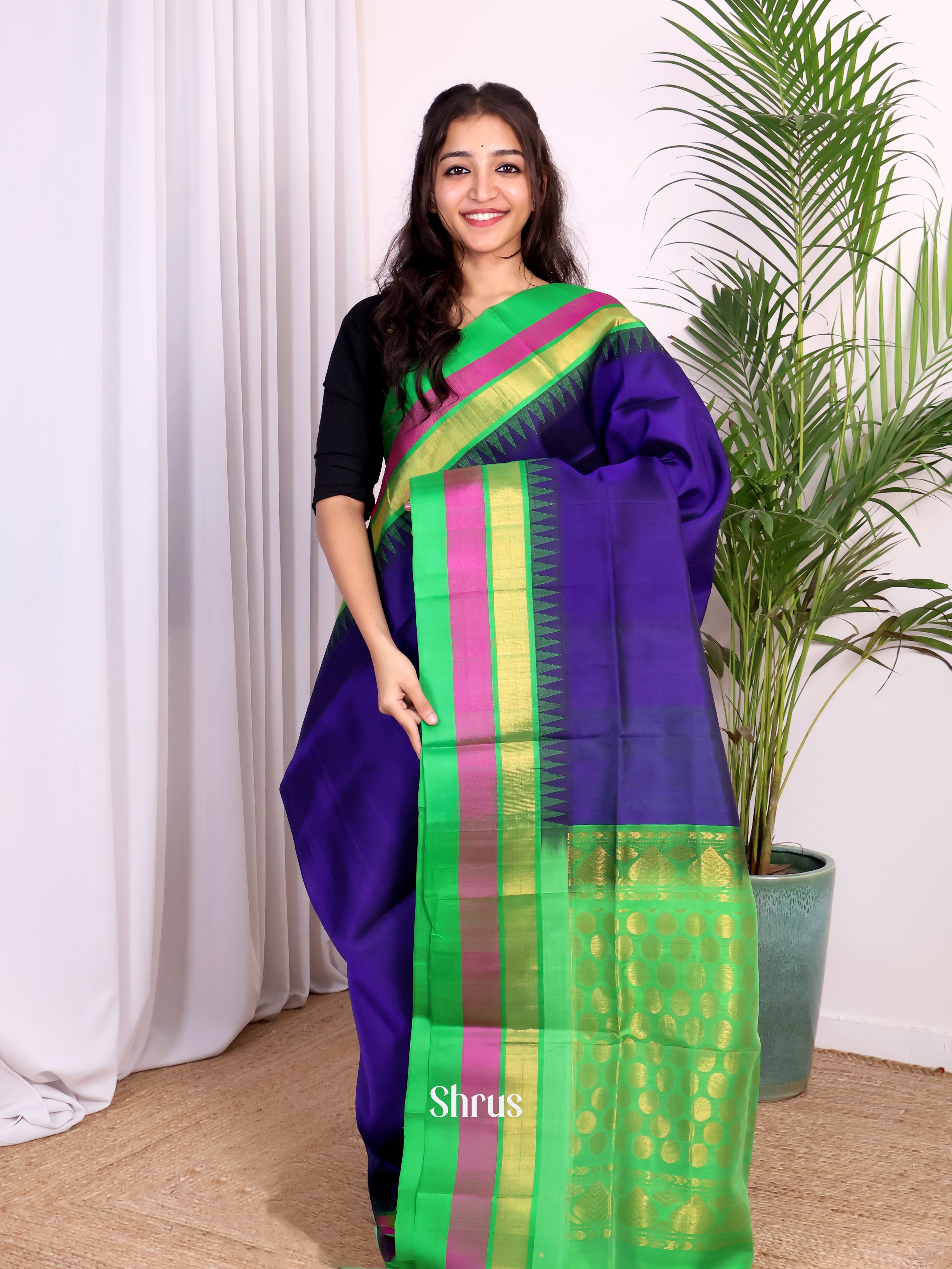 Bold Violet Silk Cotton Saree With Contrast Green And Purple Zari Woven Temple Border - Shop on Shrus.com