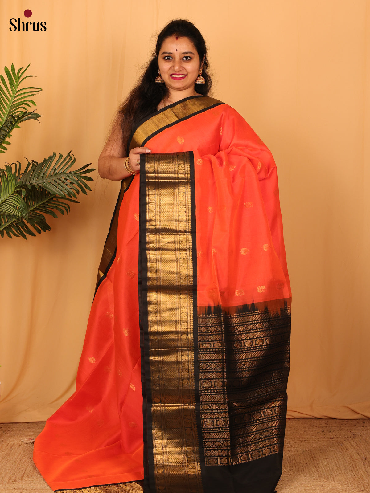 Orange & Black- Silk Cotton Saree - Shop on Shrus.com